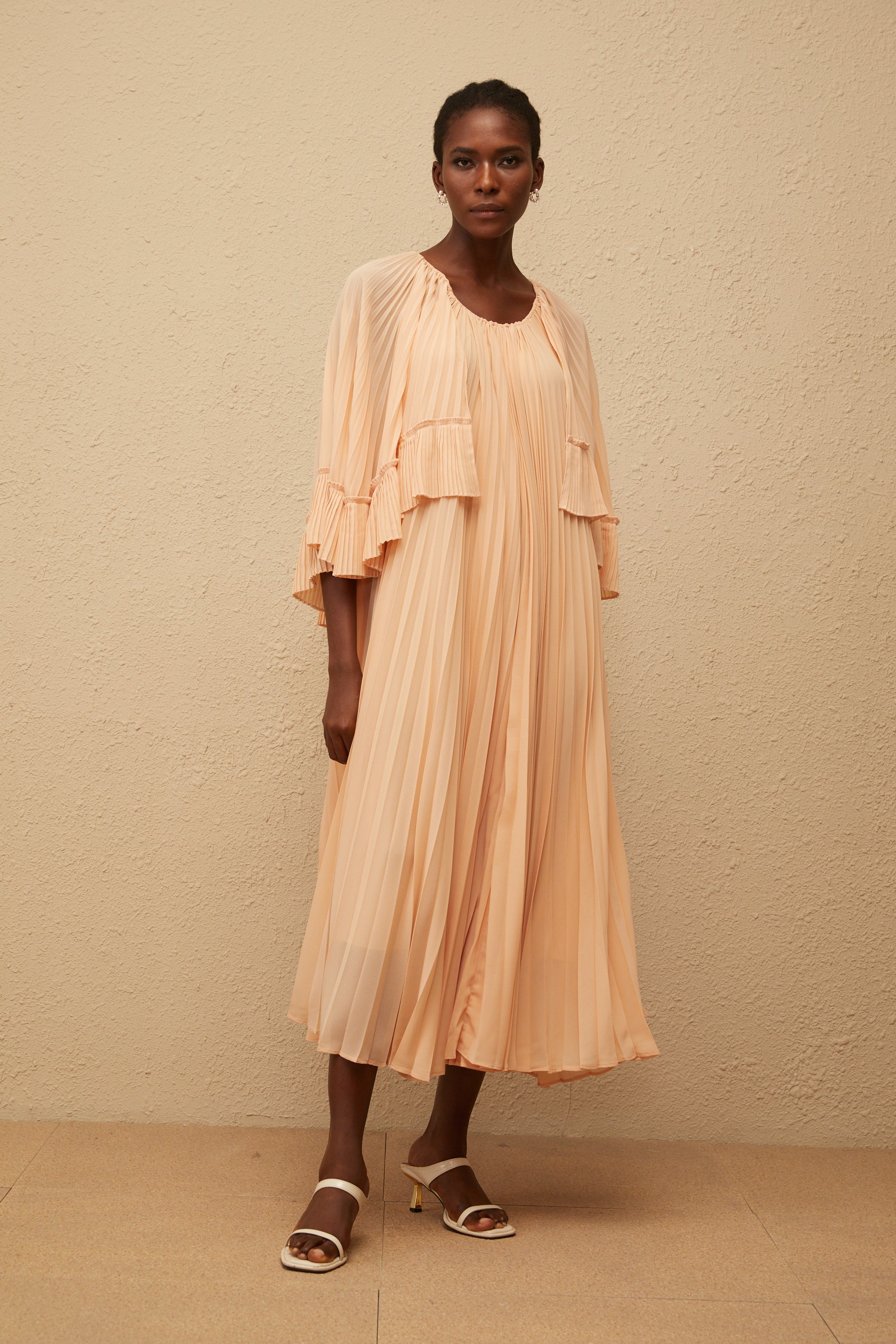 Urbaine Pink Cape Design Pleated Chiffon Midi Dress