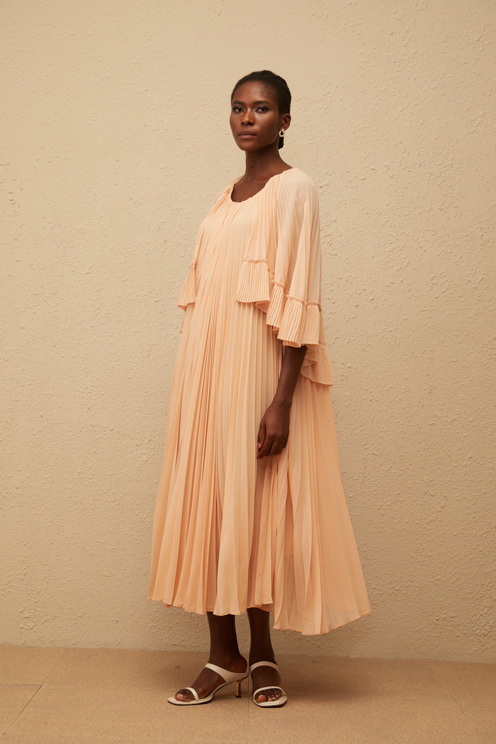 Urbaine Pink Cape Design Pleated Chiffon Midi Dress