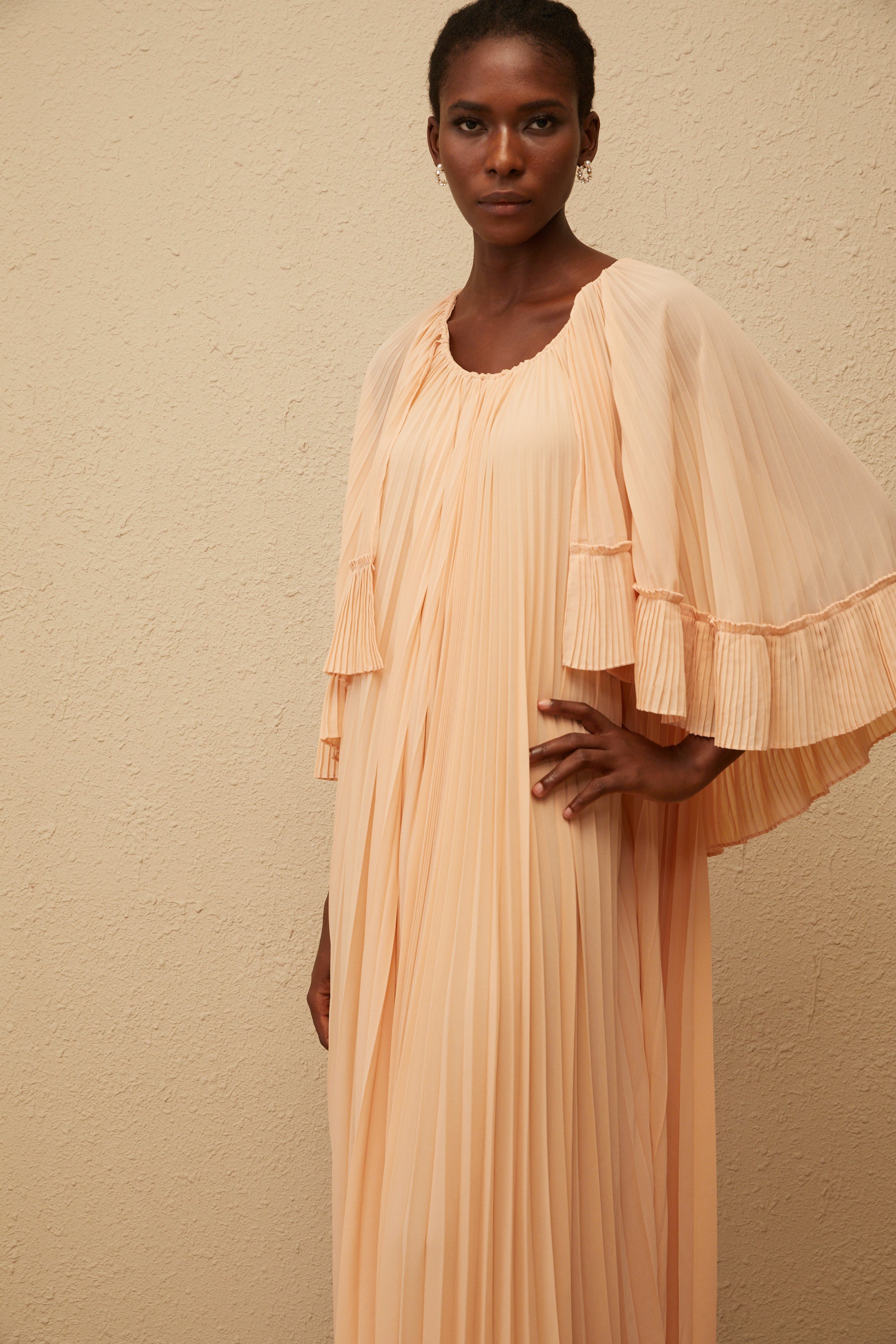 Urbaine Pink Cape Design Pleated Chiffon Midi Dress