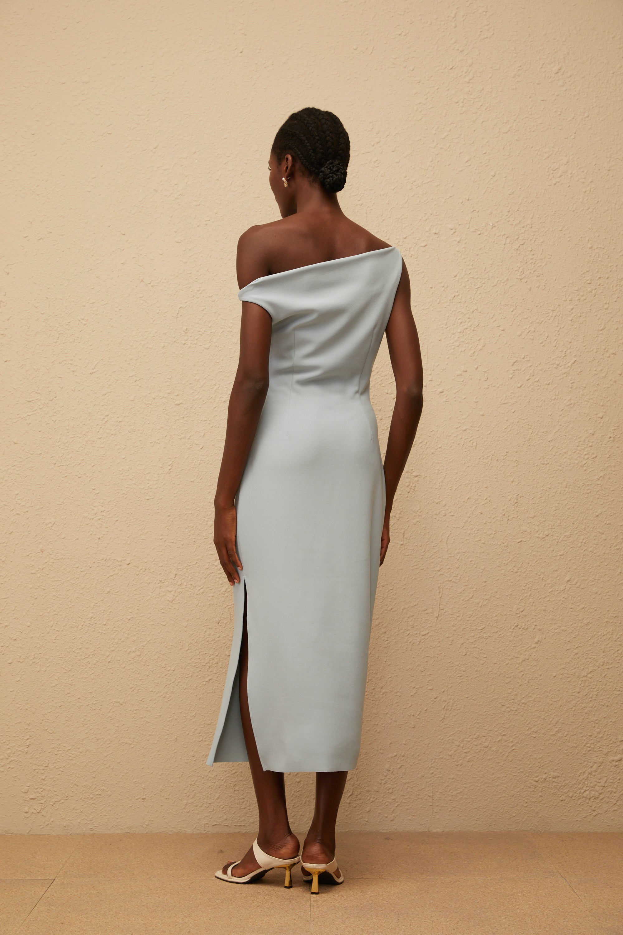 Dagny Blue One Shoulder Gathered Midi Dress