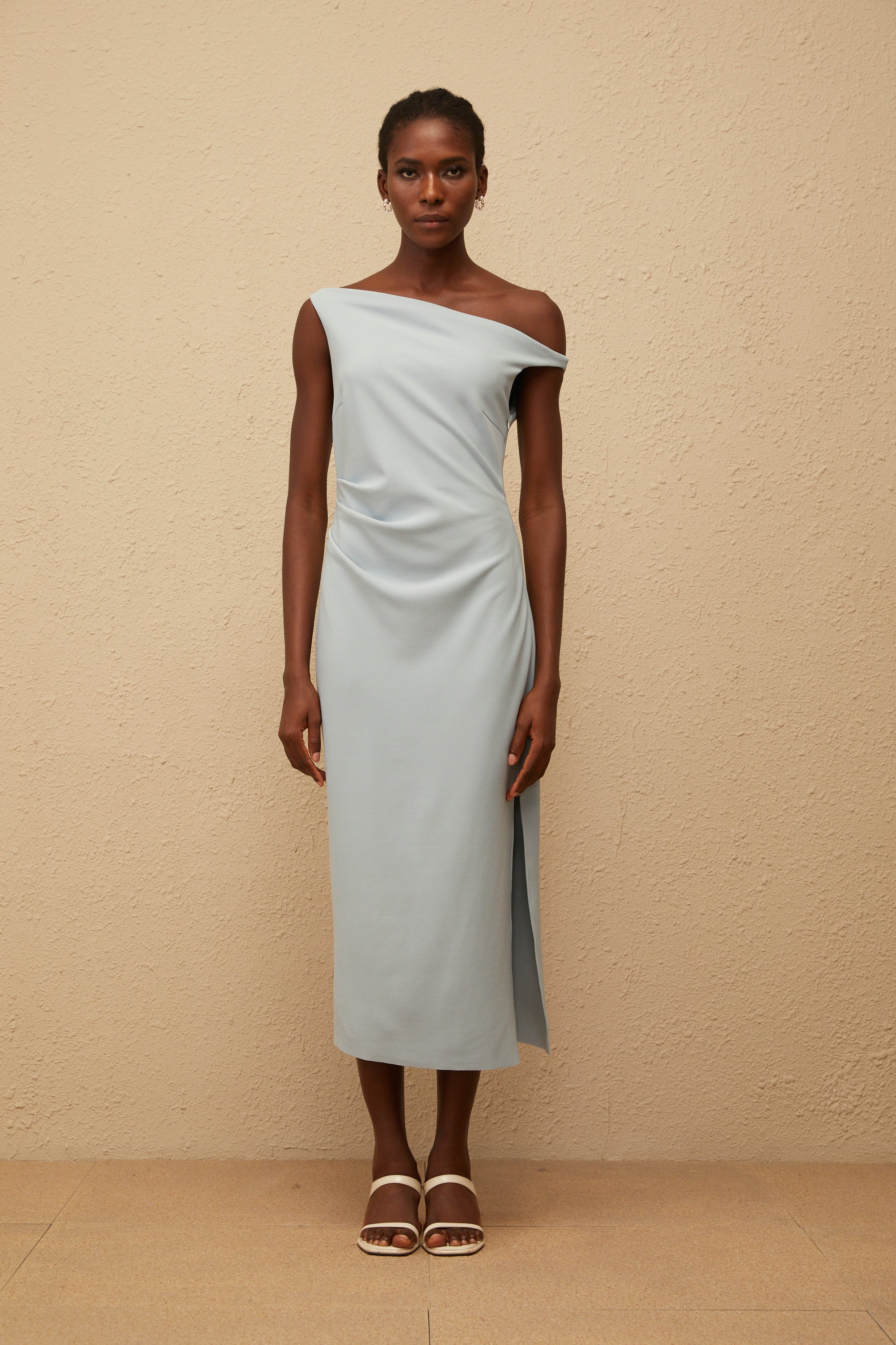 Dagny Blue One Shoulder Gathered Midi Dress