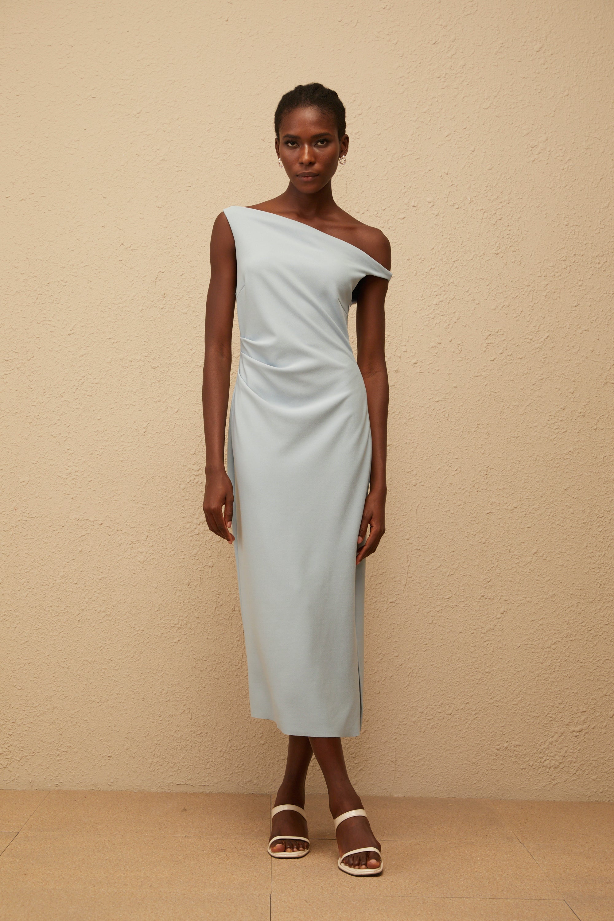 Dagny Blue One Shoulder Gathered Midi Dress