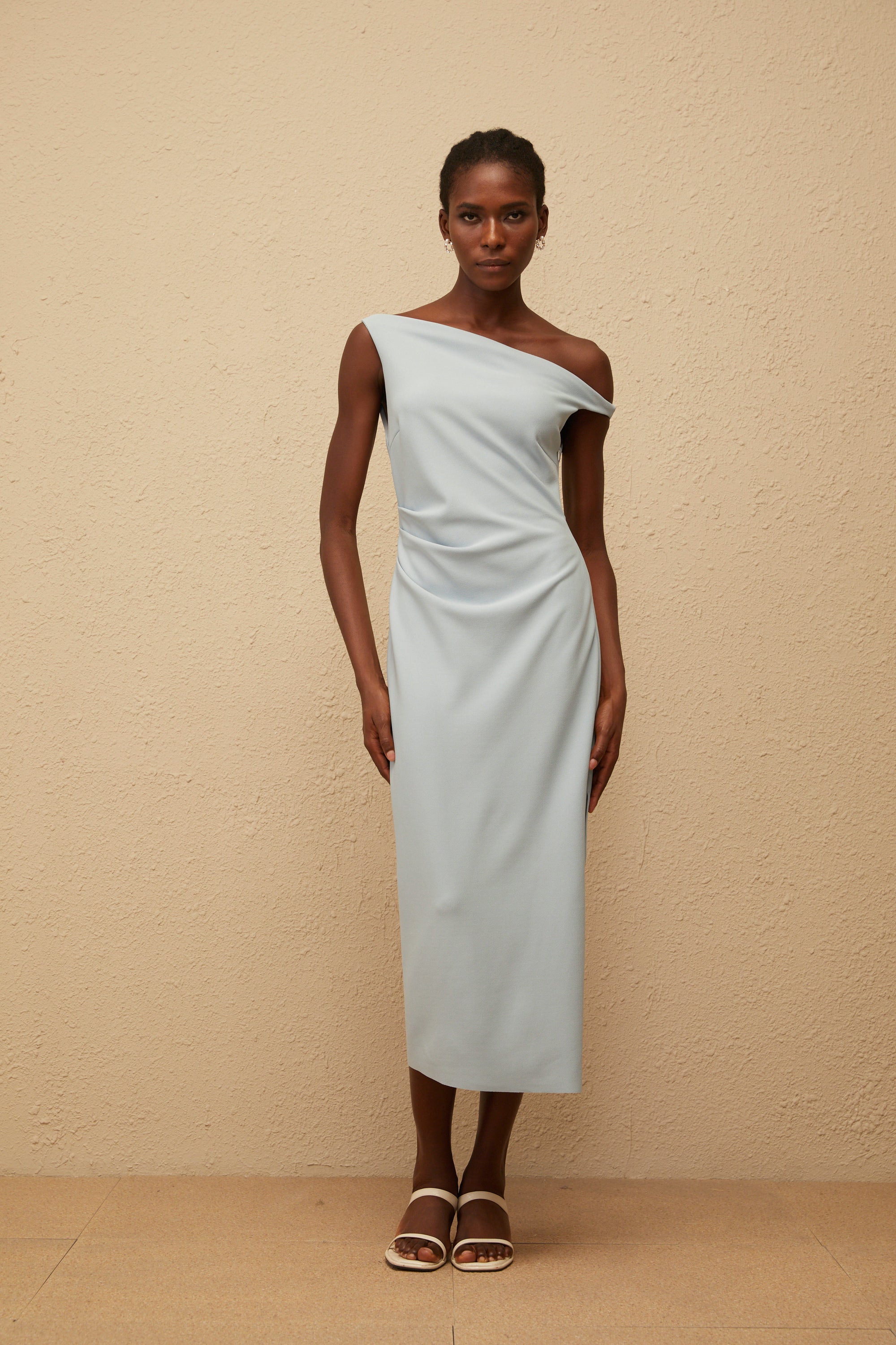 Dagny Blue One Shoulder Gathered Midi Dress