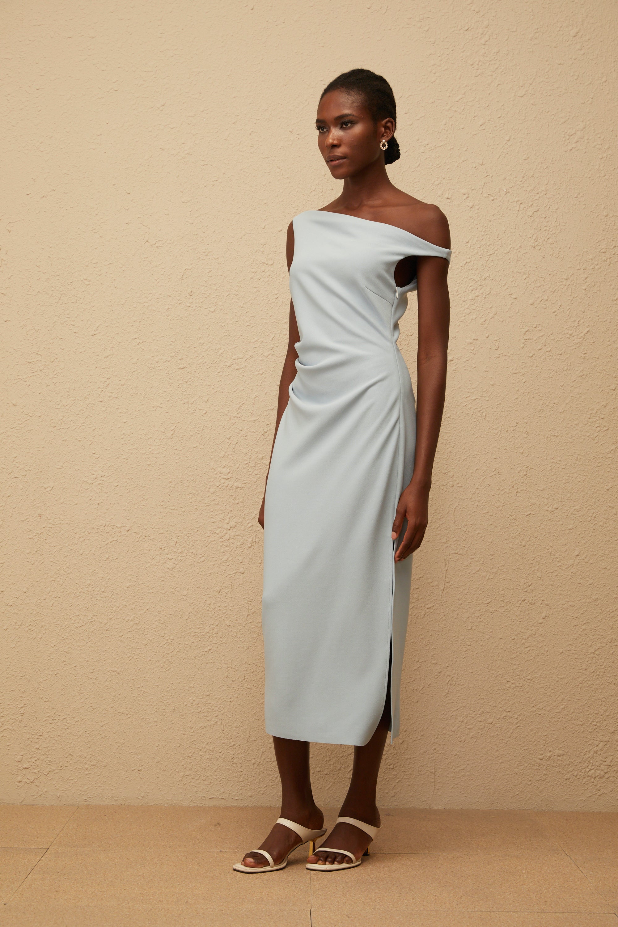 Dagny Blue One Shoulder Gathered Midi Dress