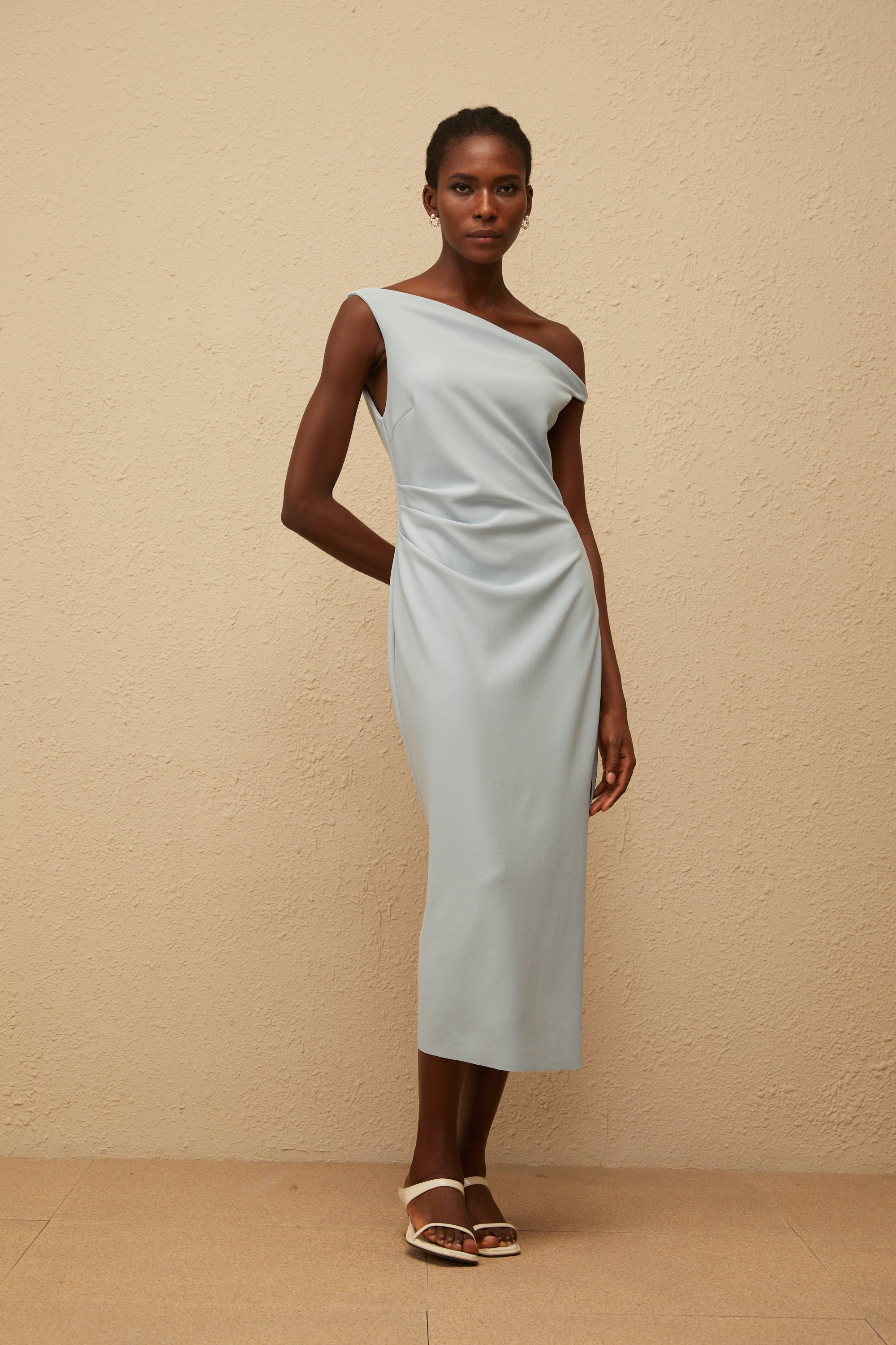 Dagny Blue One Shoulder Gathered Midi Dress