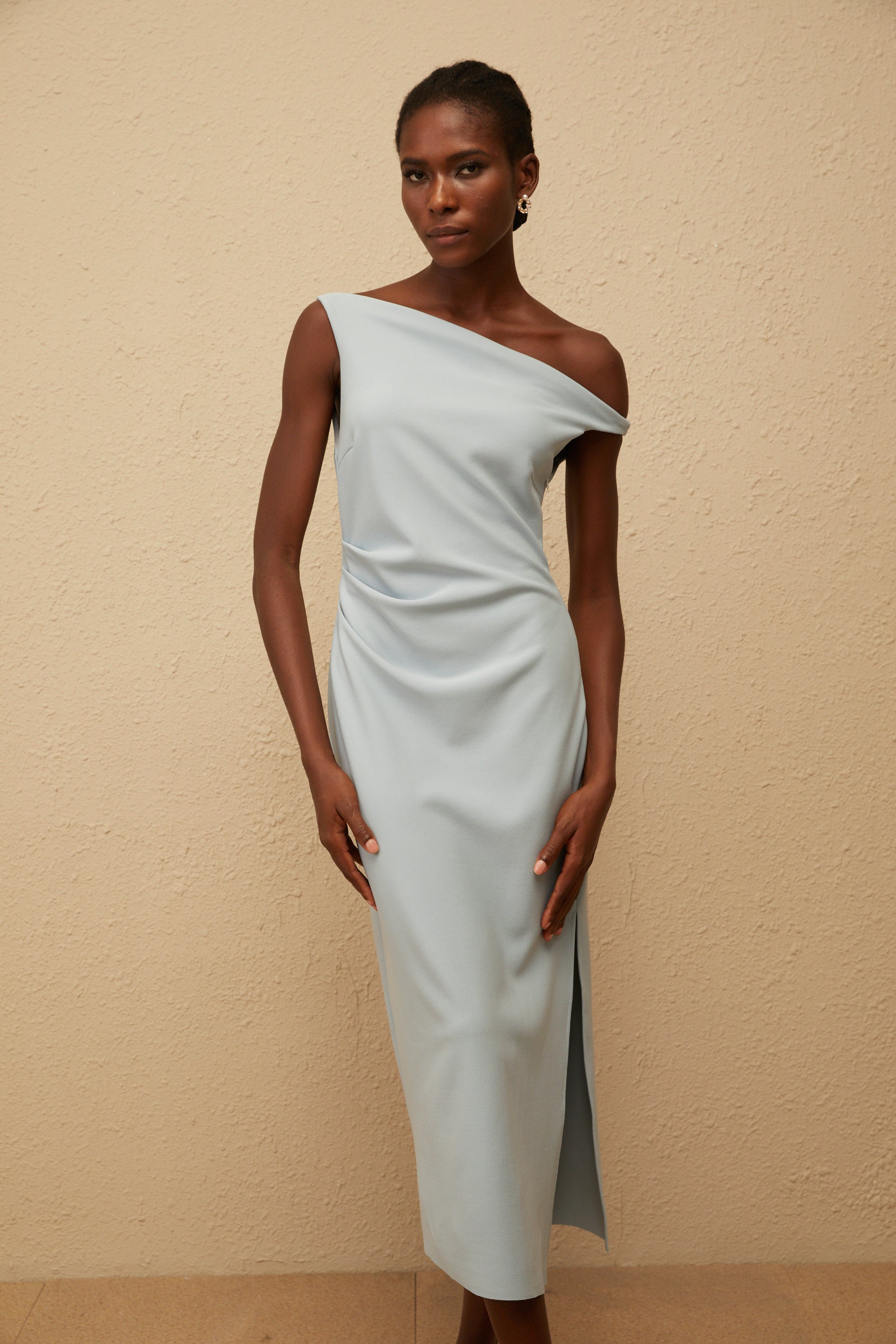 Dagny Blue One Shoulder Gathered Midi Dress