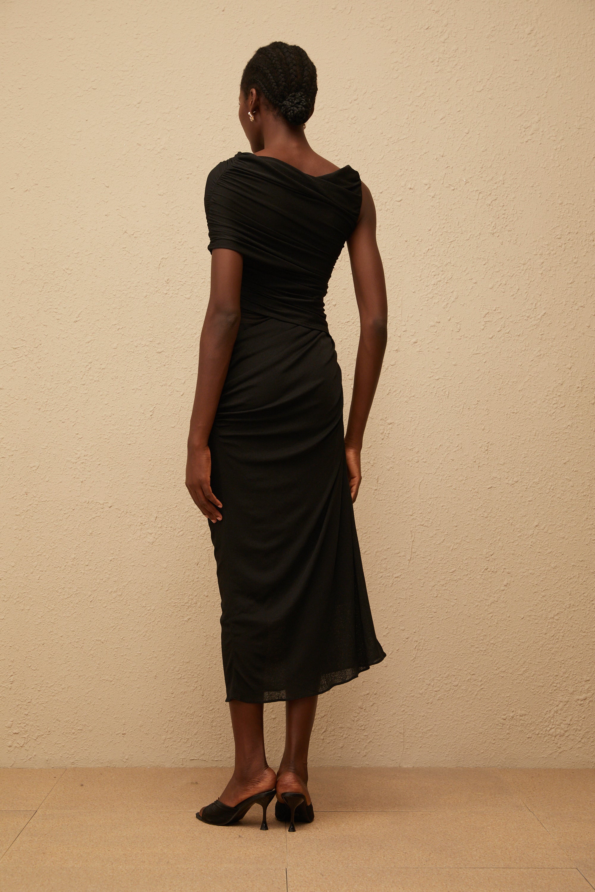 Latika Black One Shoulder Gathered Midi Dress