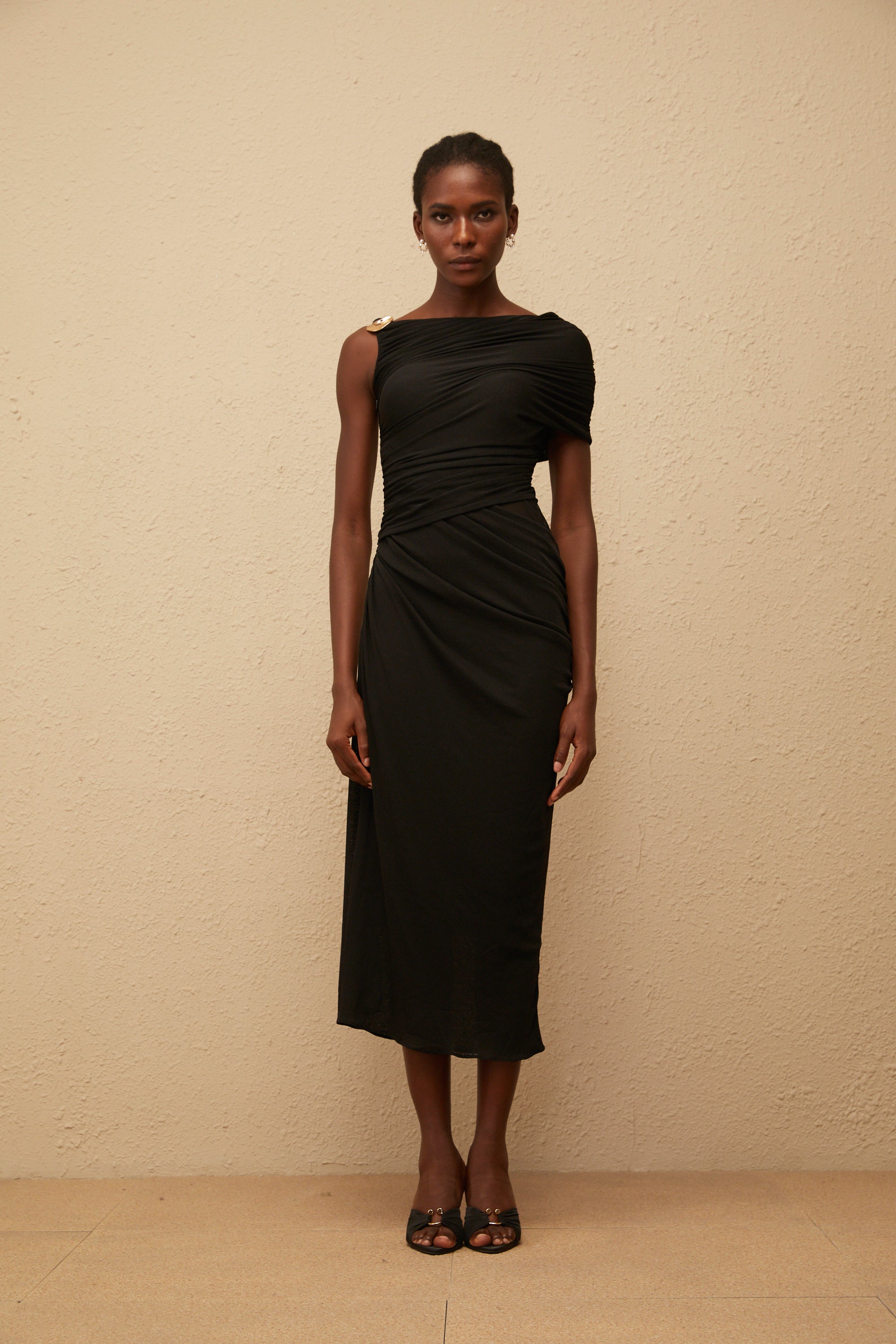 Latika Black One Shoulder Gathered Midi Dress