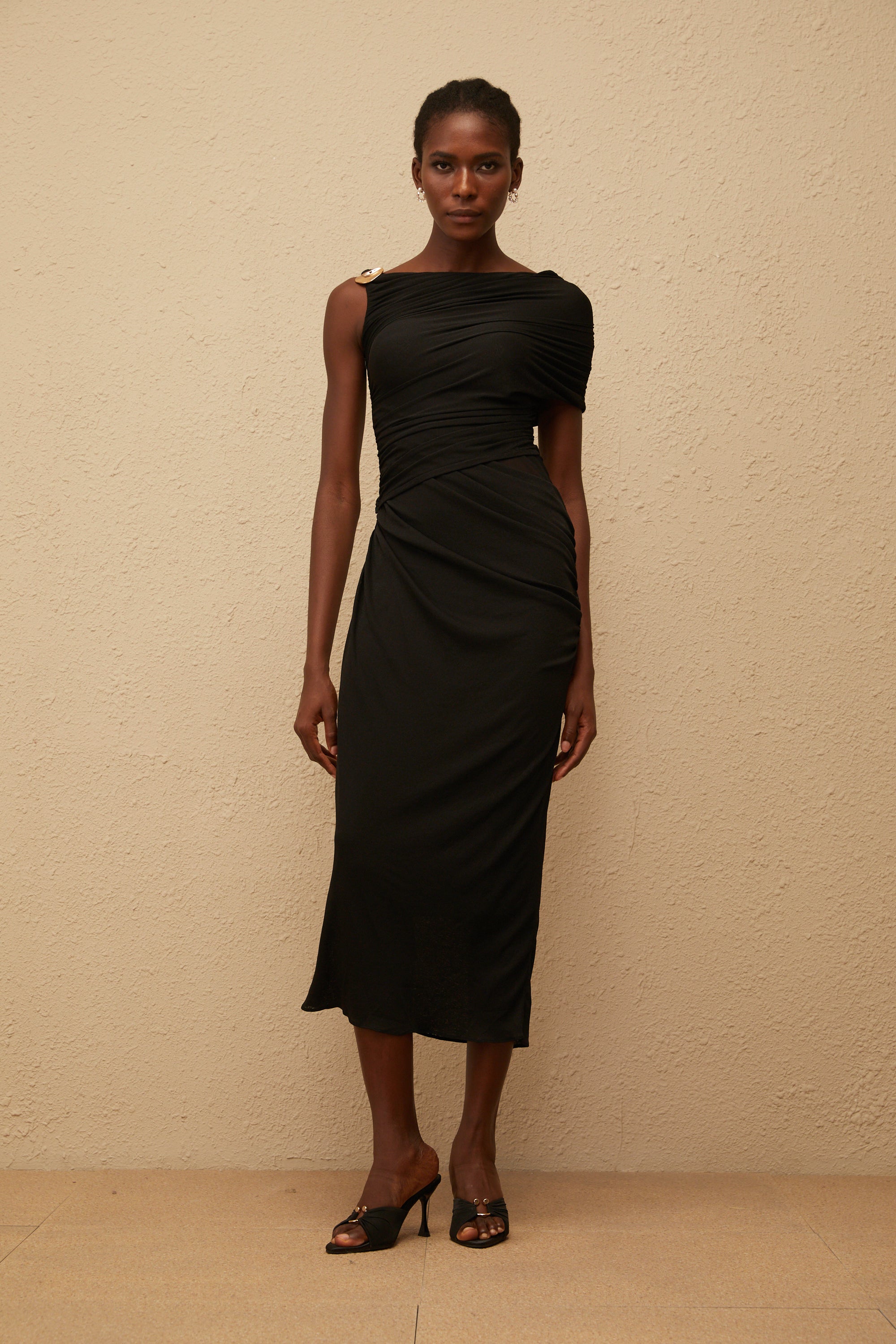 Latika Black One Shoulder Gathered Midi Dress