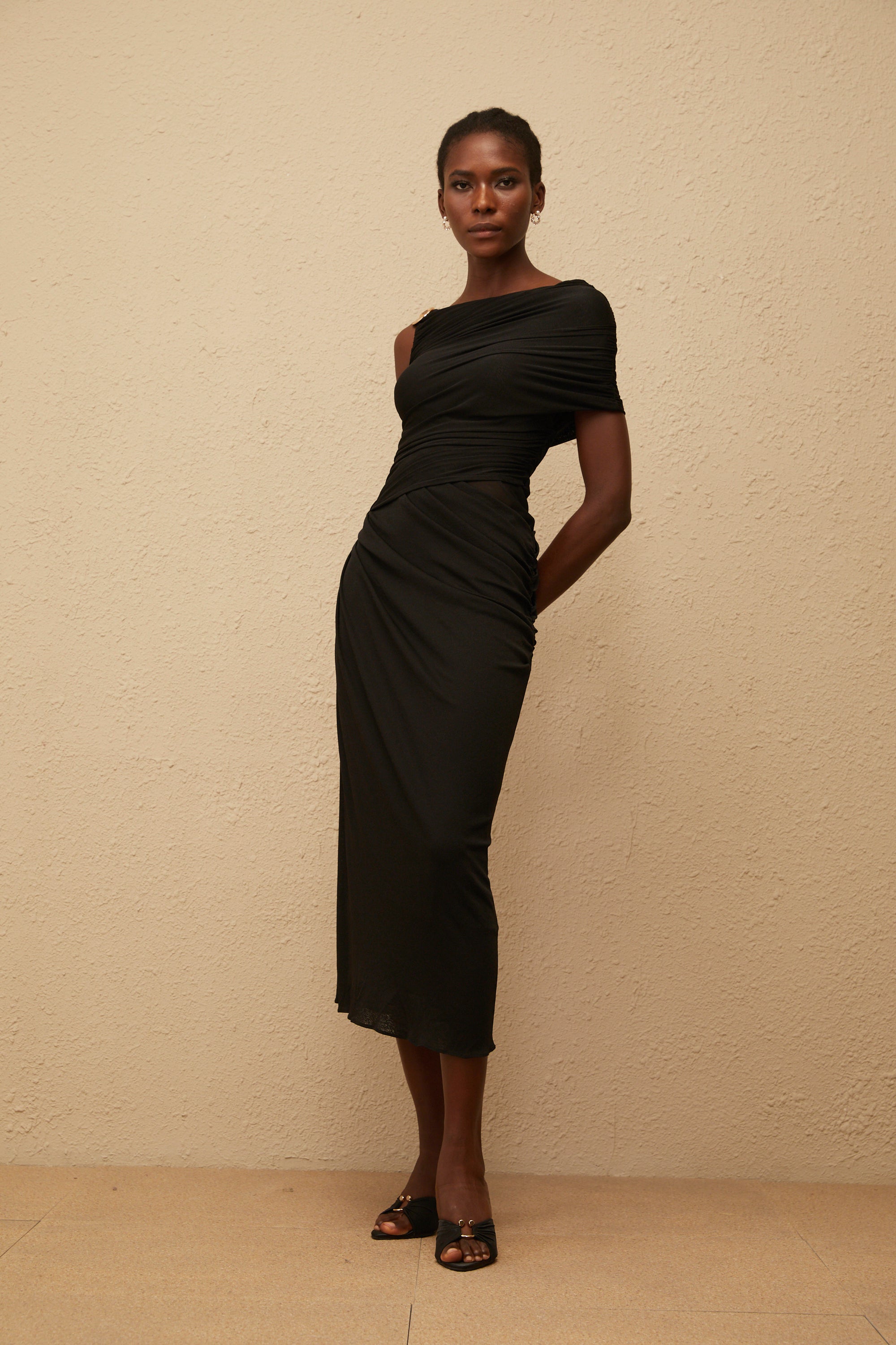 Latika Black One Shoulder Gathered Midi Dress