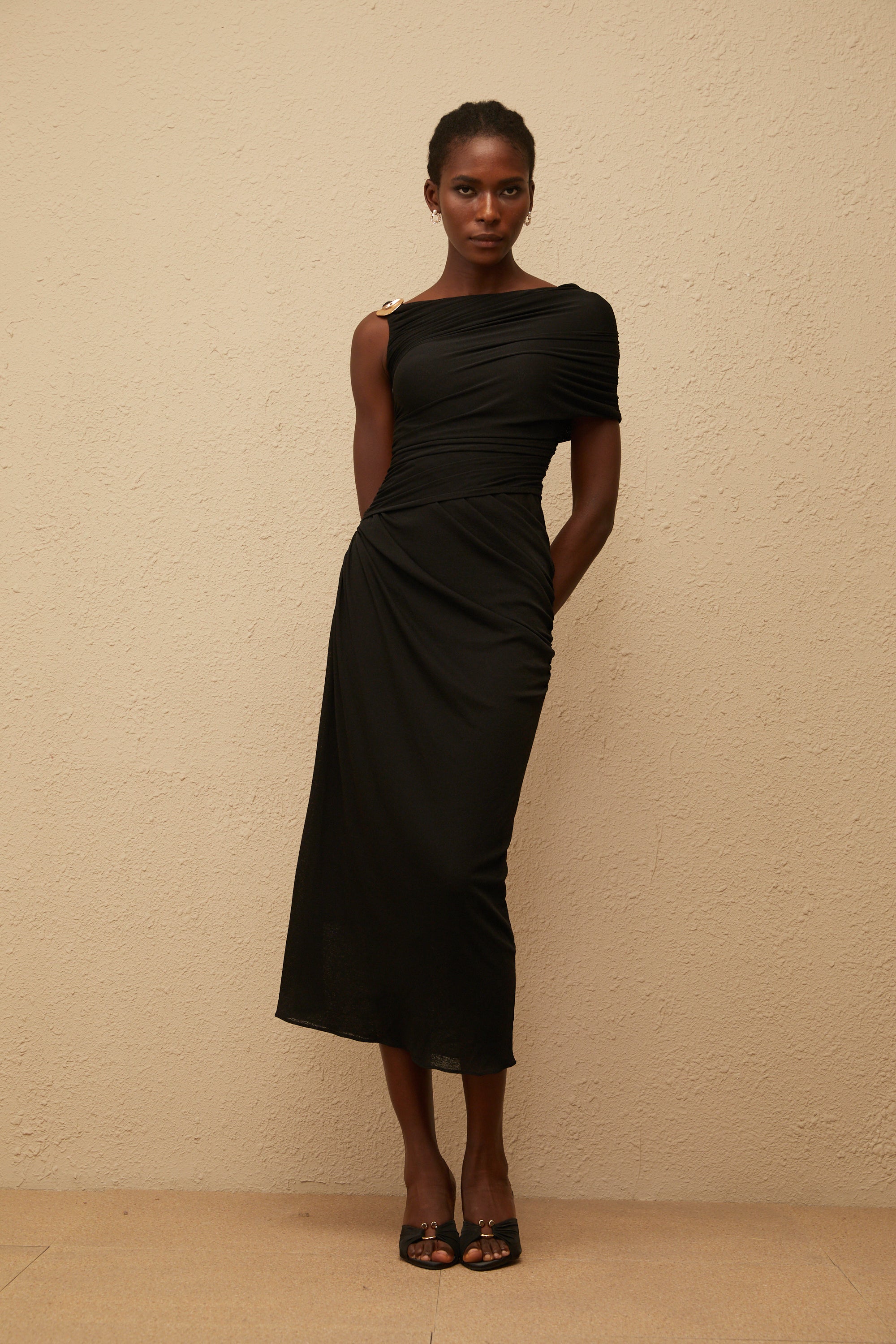 Latika Black One Shoulder Gathered Midi Dress