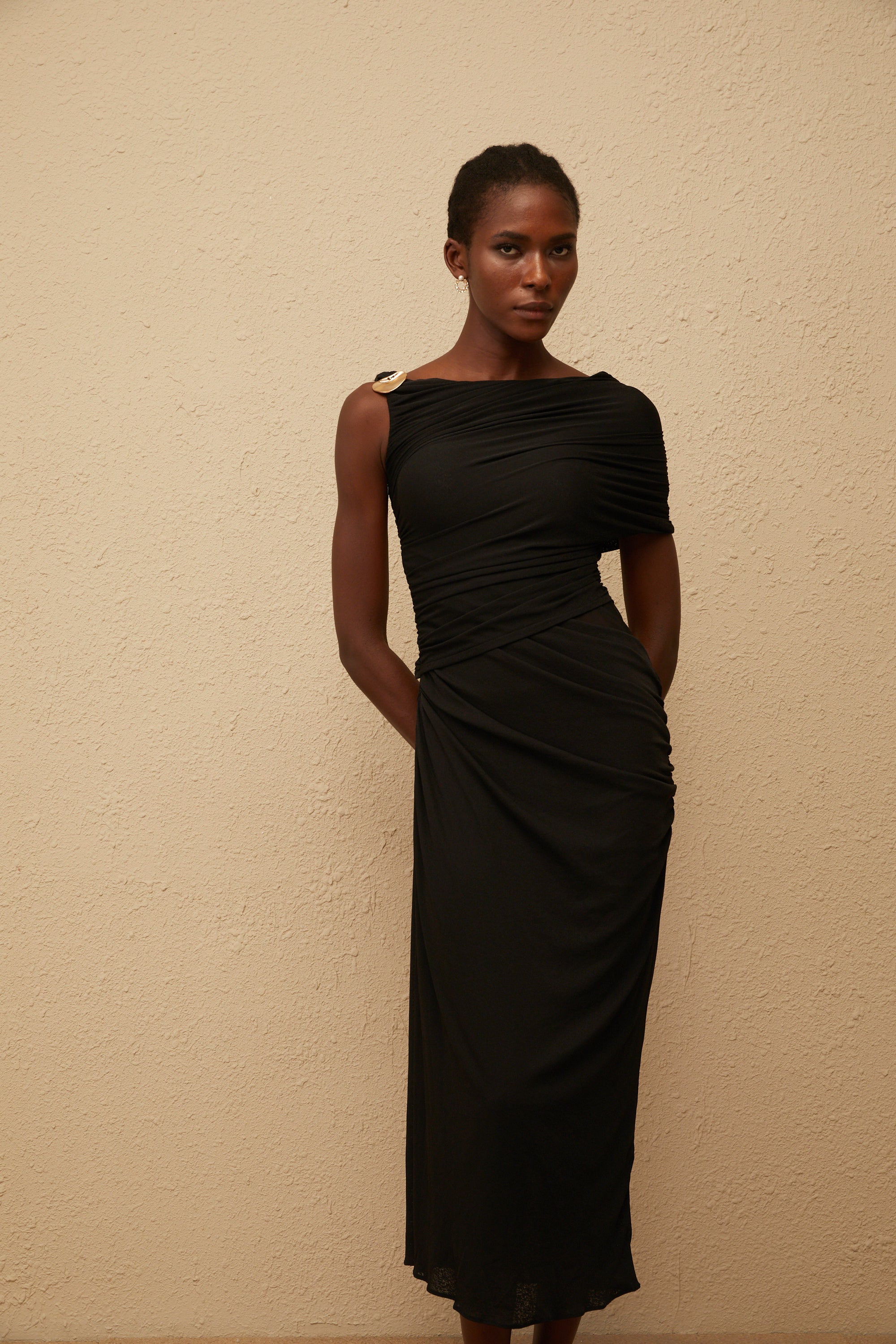 Latika Black One Shoulder Gathered Midi Dress