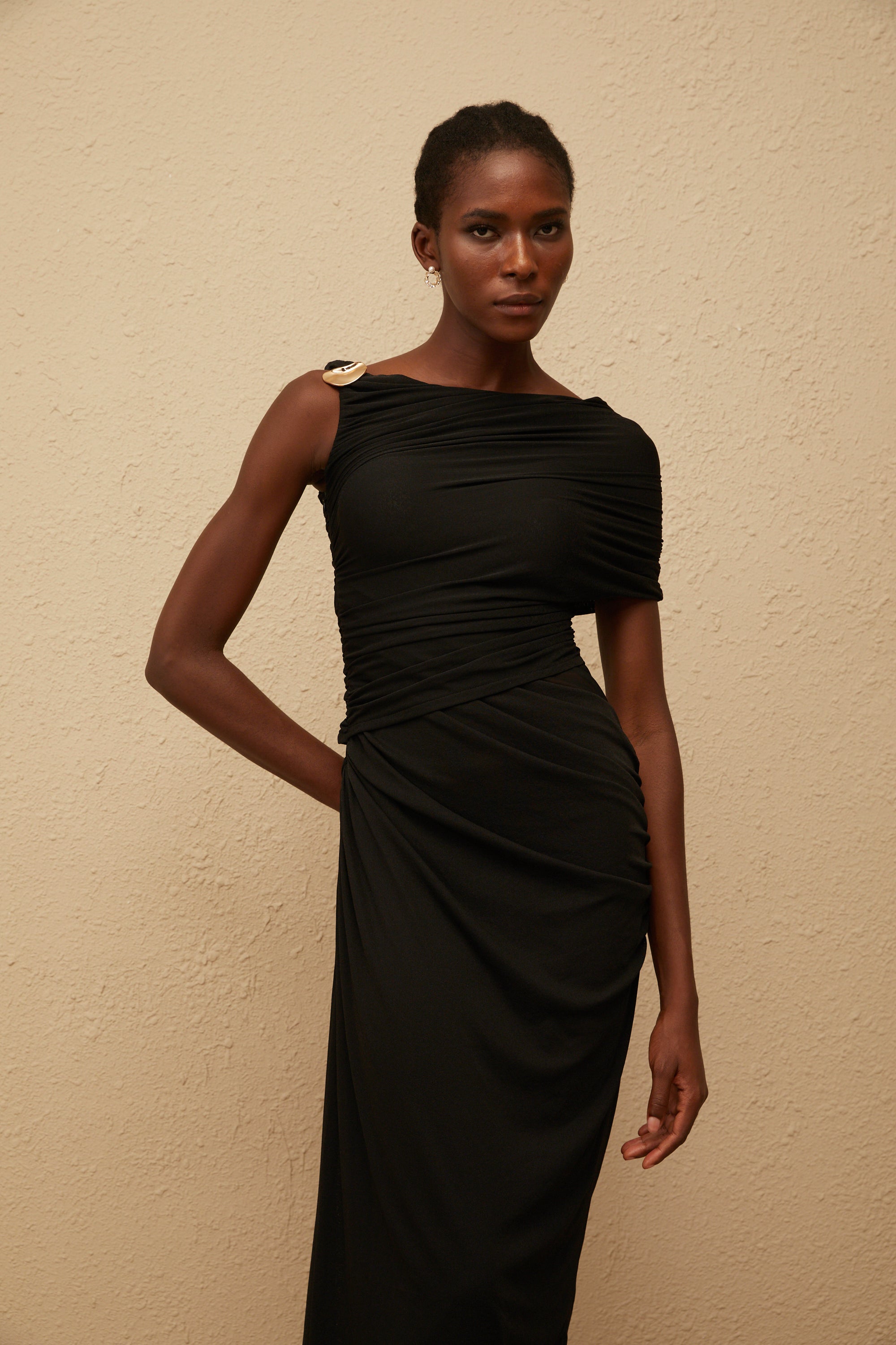 Latika Black One Shoulder Gathered Midi Dress