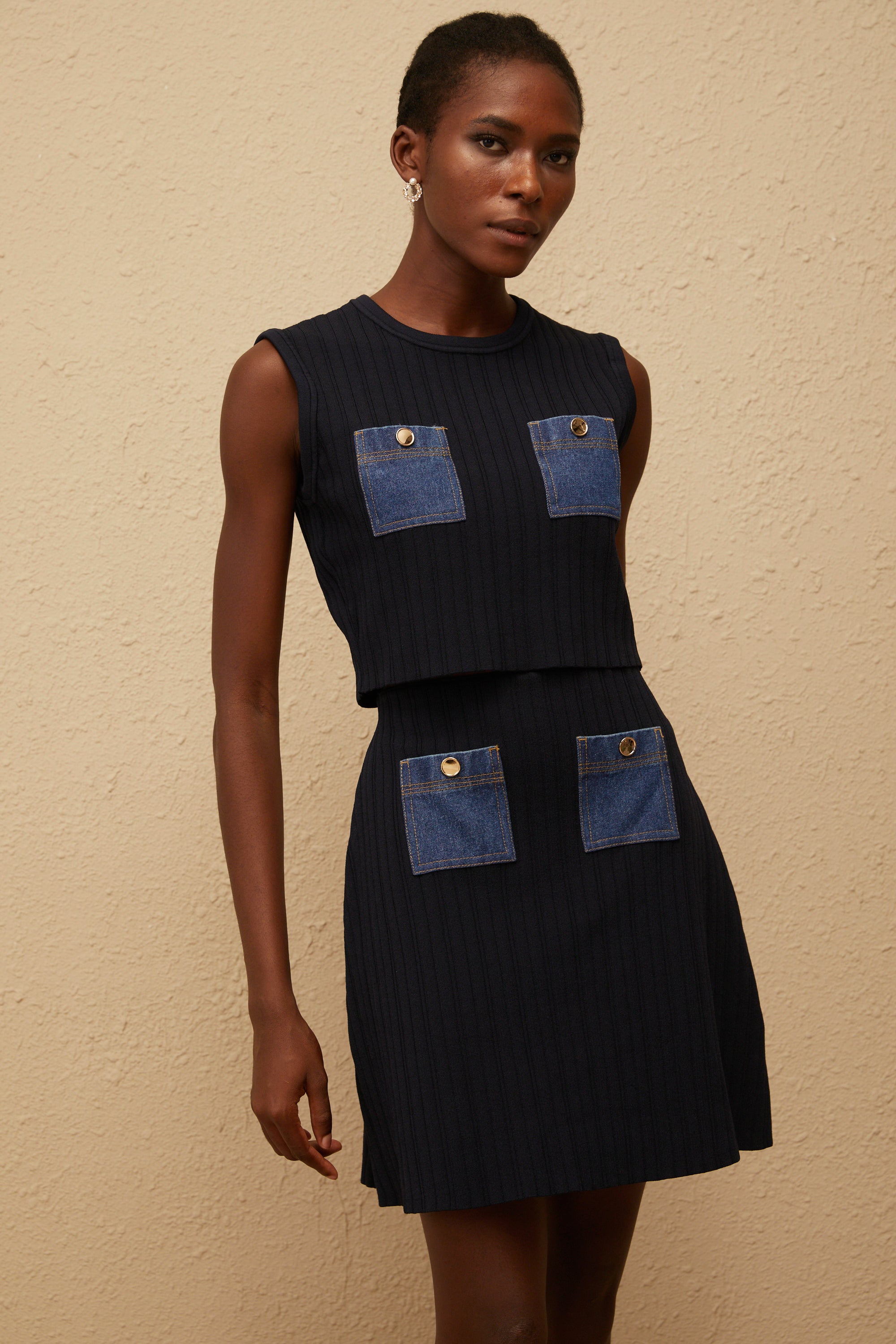 Cleopatra Blue Denim Panel Ribbed Knit Matching Set