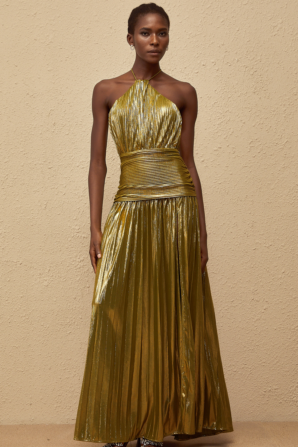 Alchimie Gold Glossy Pleated Maxi Dress