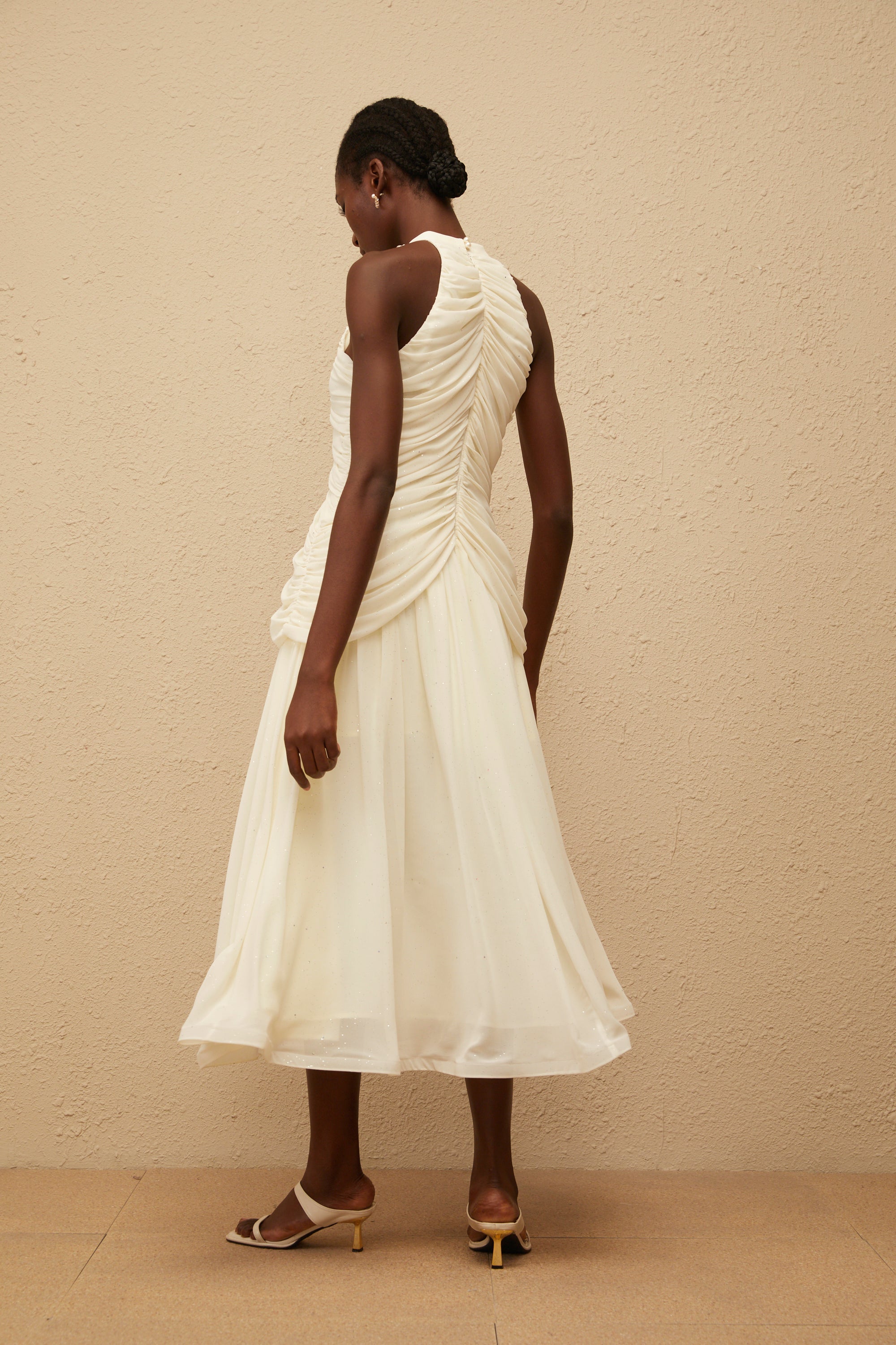 Martha White Faux Pearl Ruched Midi Dress