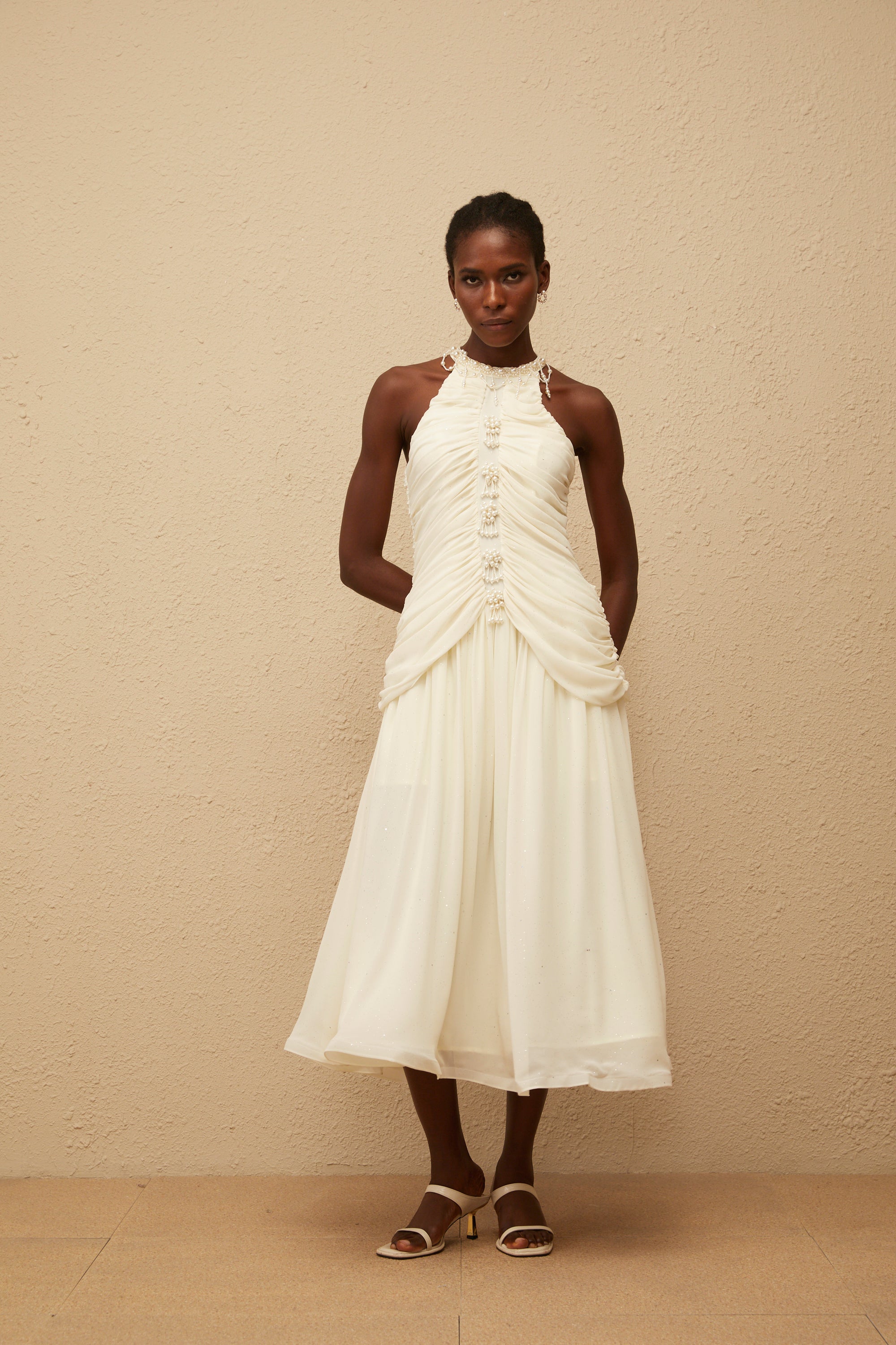 Martha White Faux Pearl Ruched Midi Dress