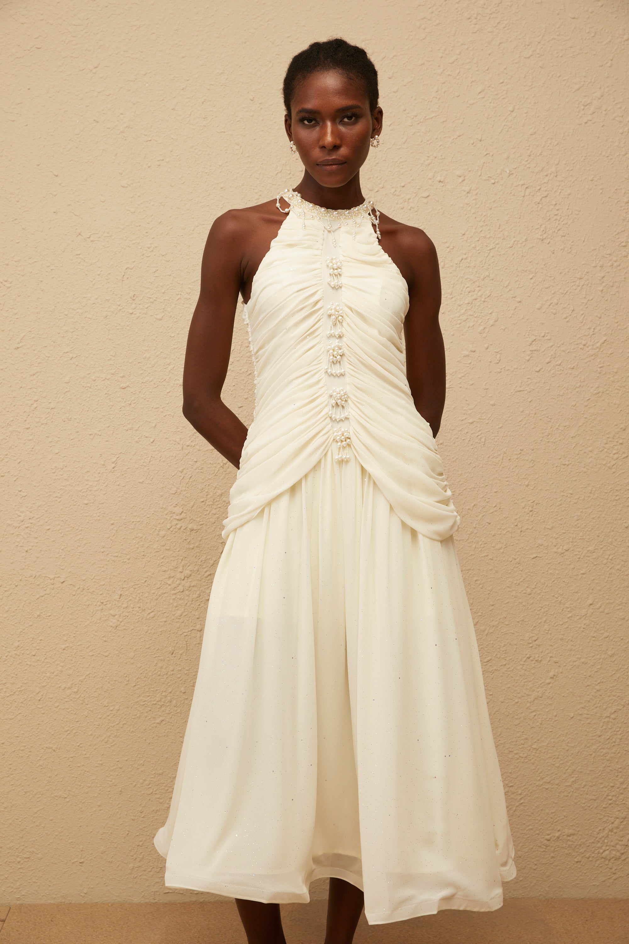 Martha White Faux Pearl Ruched Midi Dress