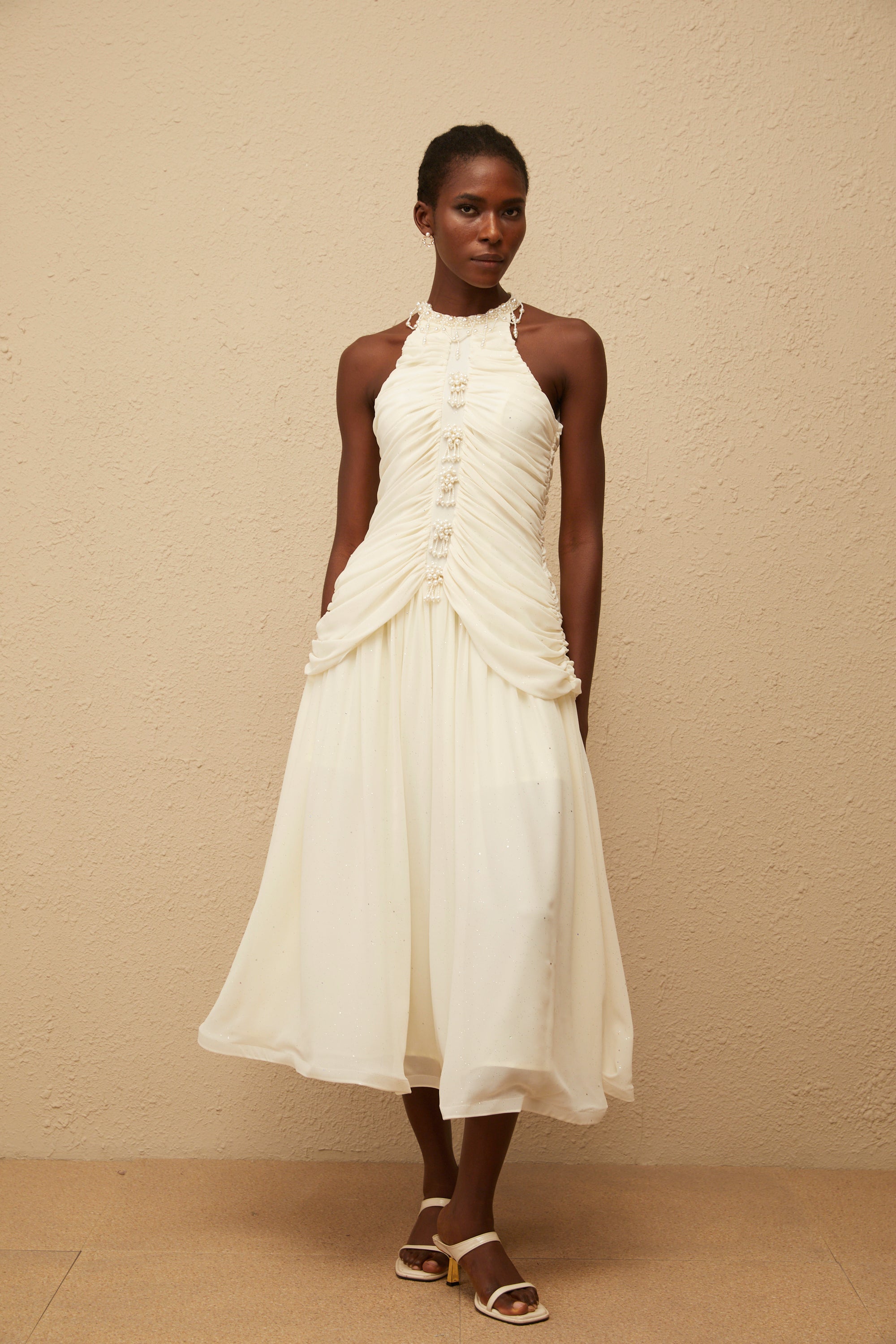 Martha White Faux Pearl Ruched Midi Dress