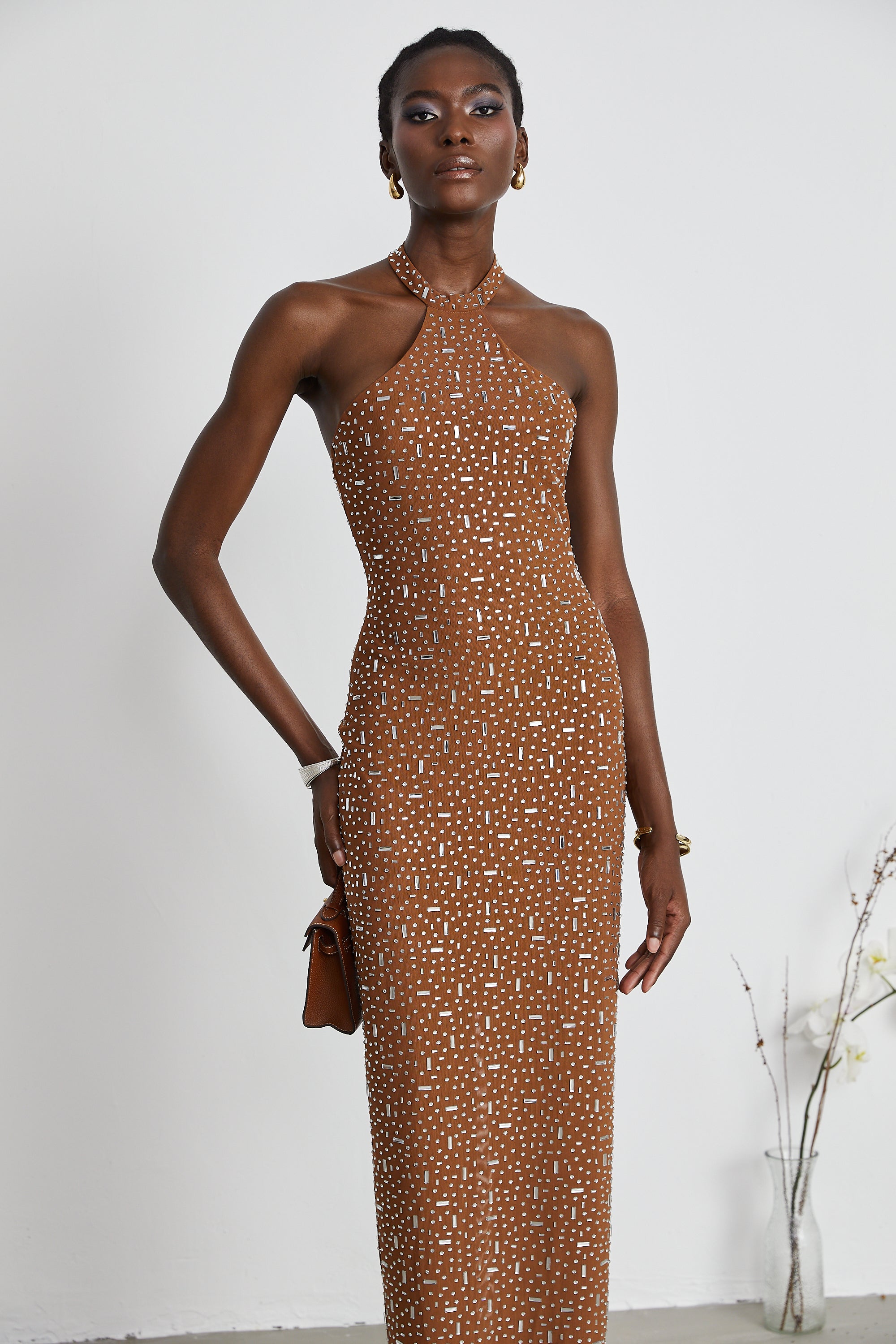 Désirée brown embellished halter neck bodycon maxi dress