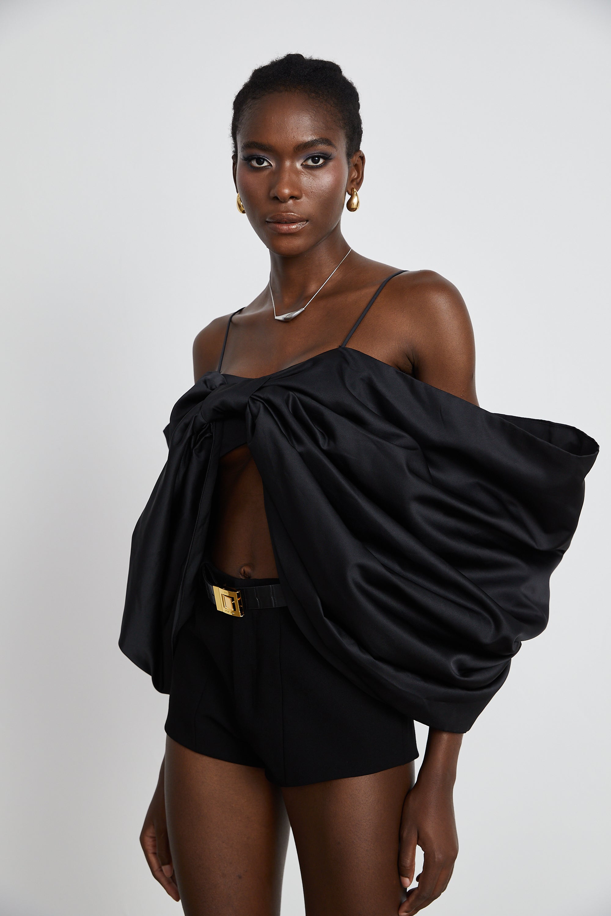 Solène bowknot scoop-back top in Black