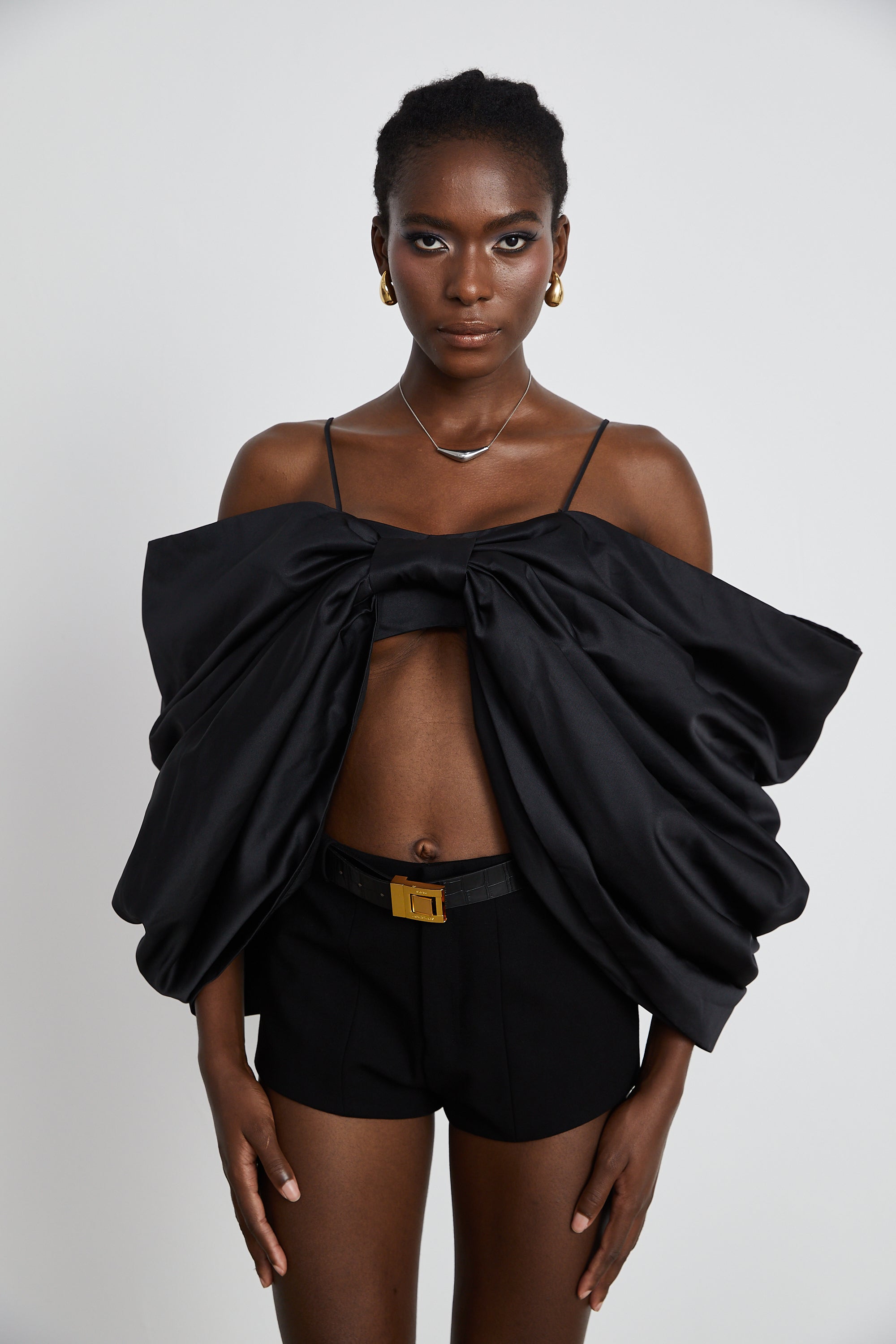 Solène bowknot scoop-back top in Black