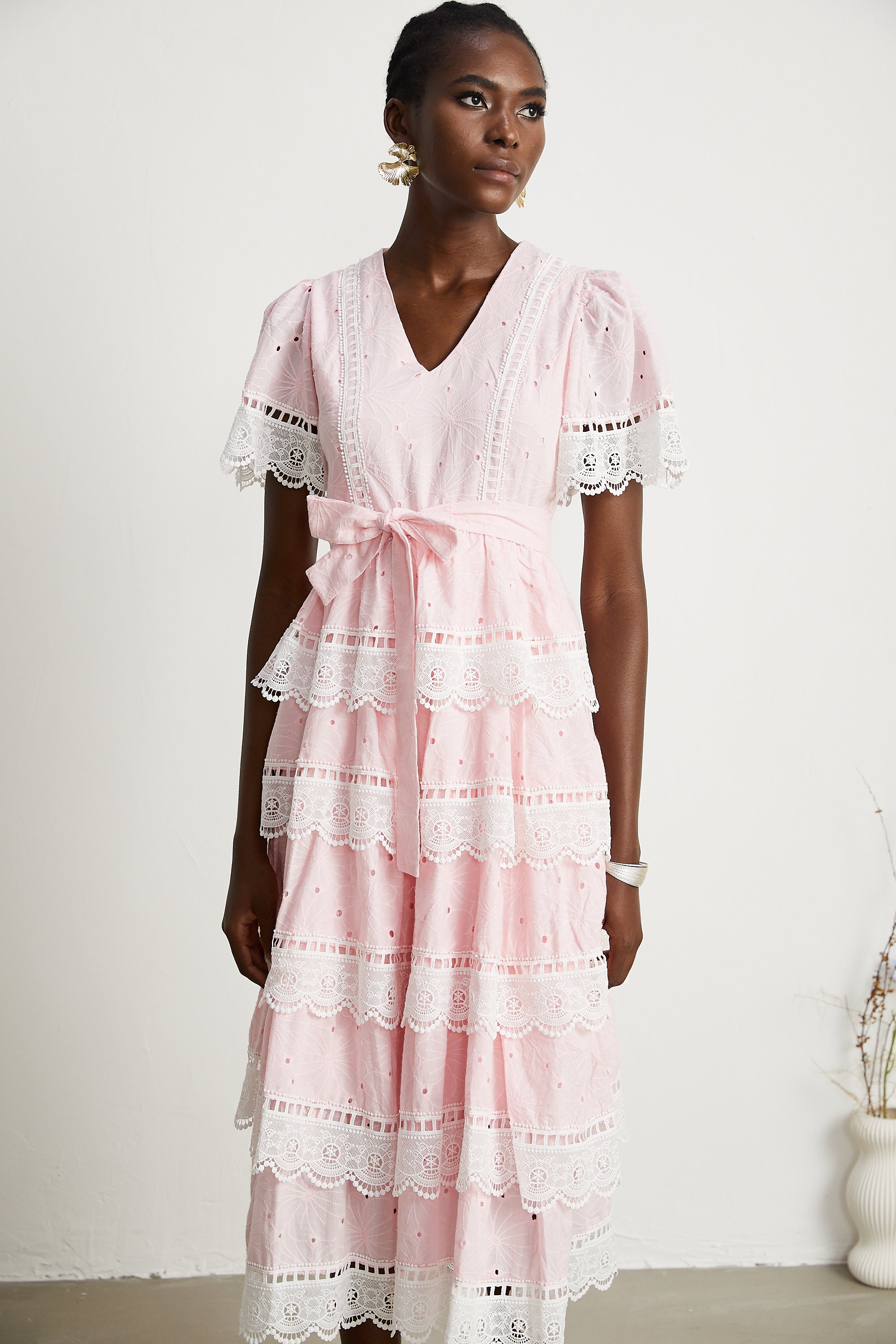 Valérie lace trim bow tie midi dress