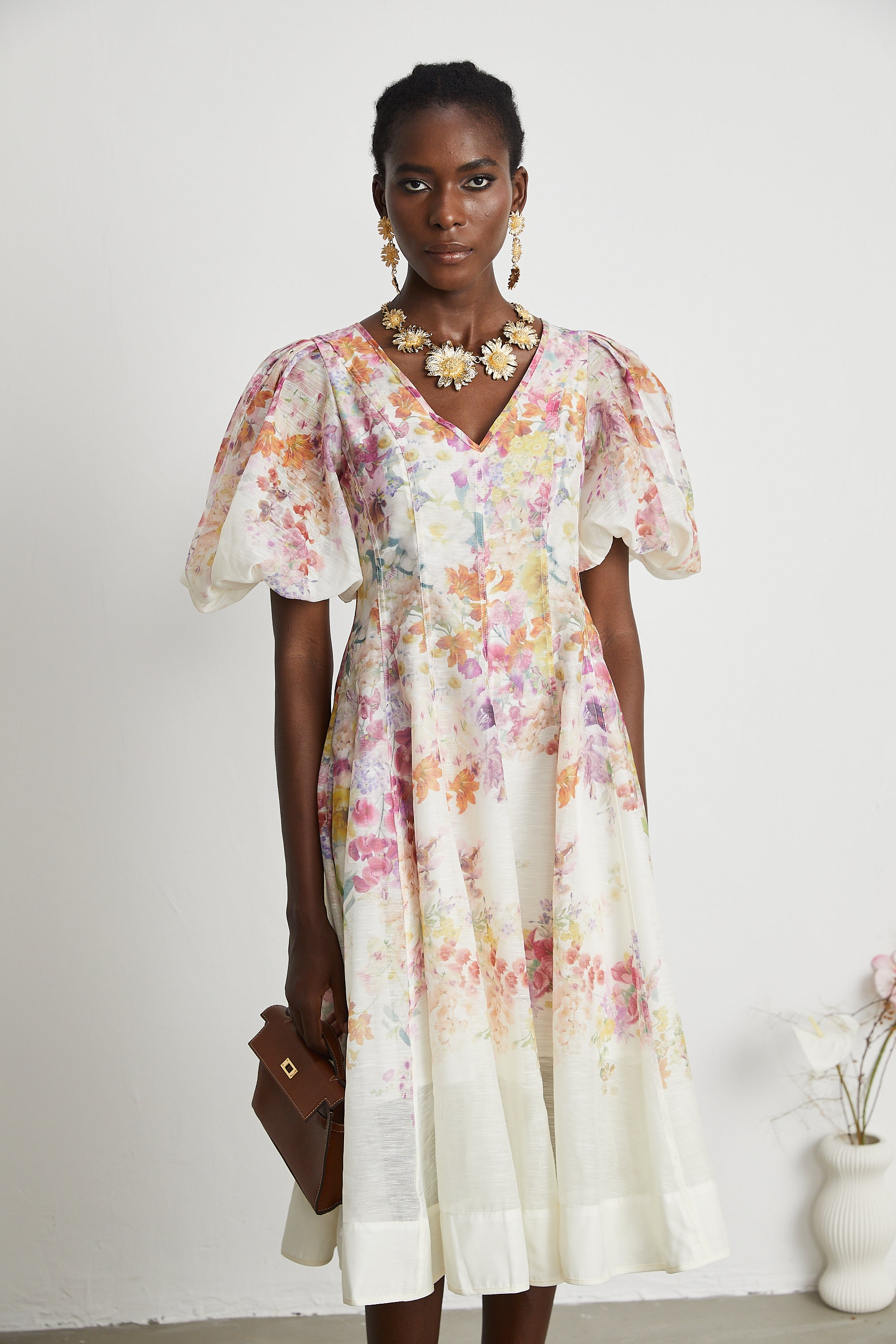 Isabeau floral-print puff-sleeve midi dress