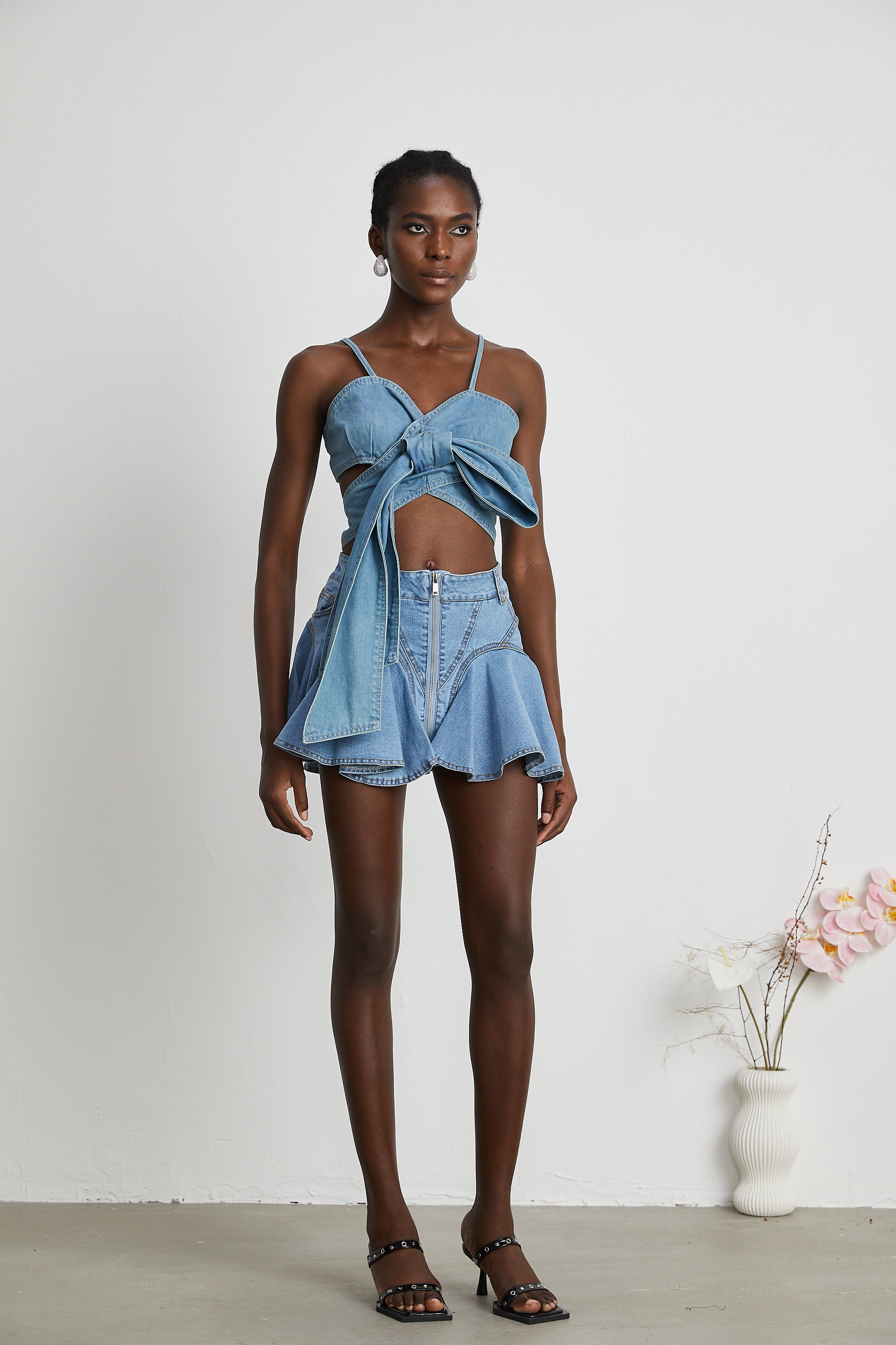 Aurélie bow-detail denim top