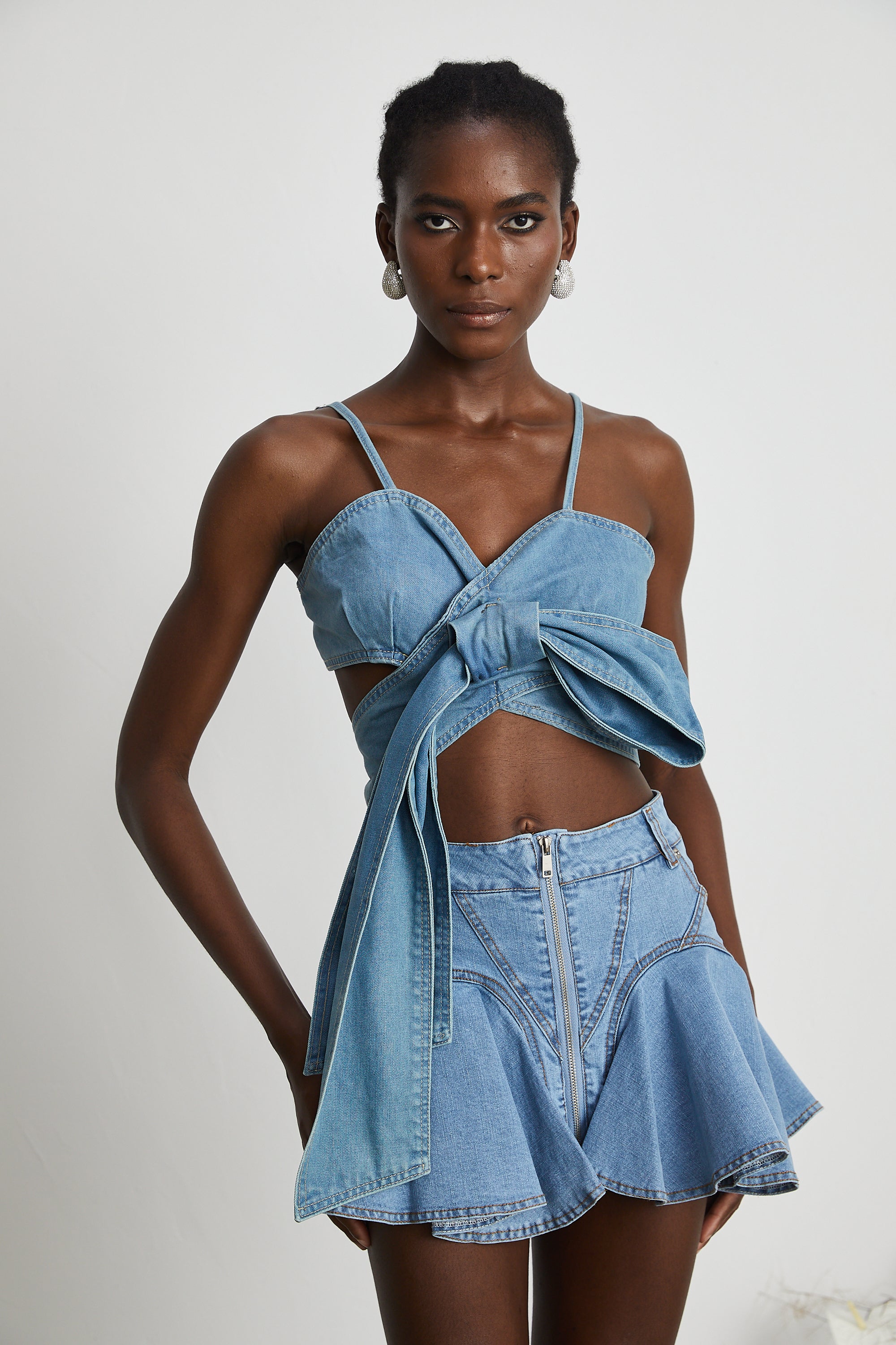 Aurélie bow-detail denim top