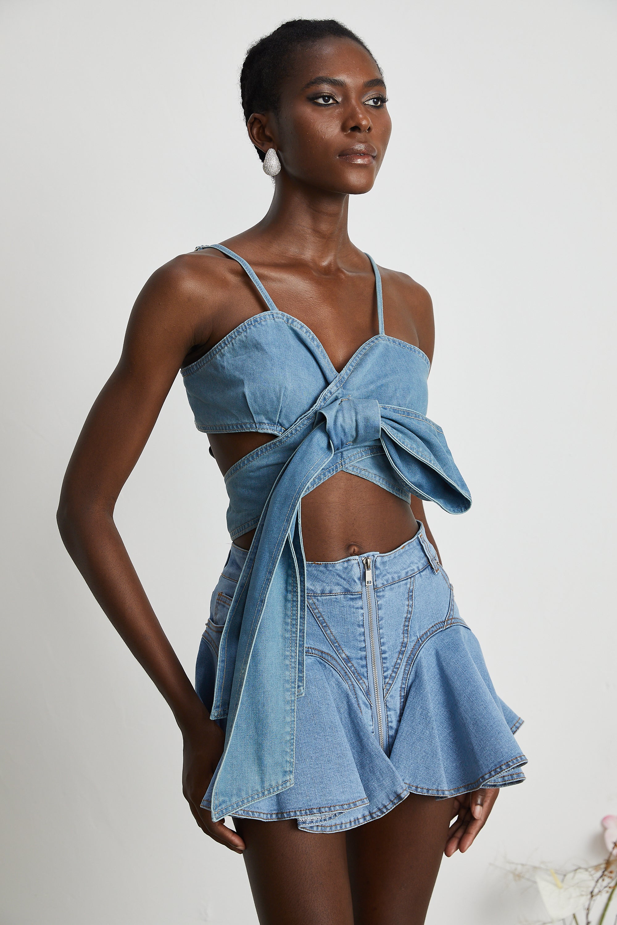 Aurélie bow-detail denim top