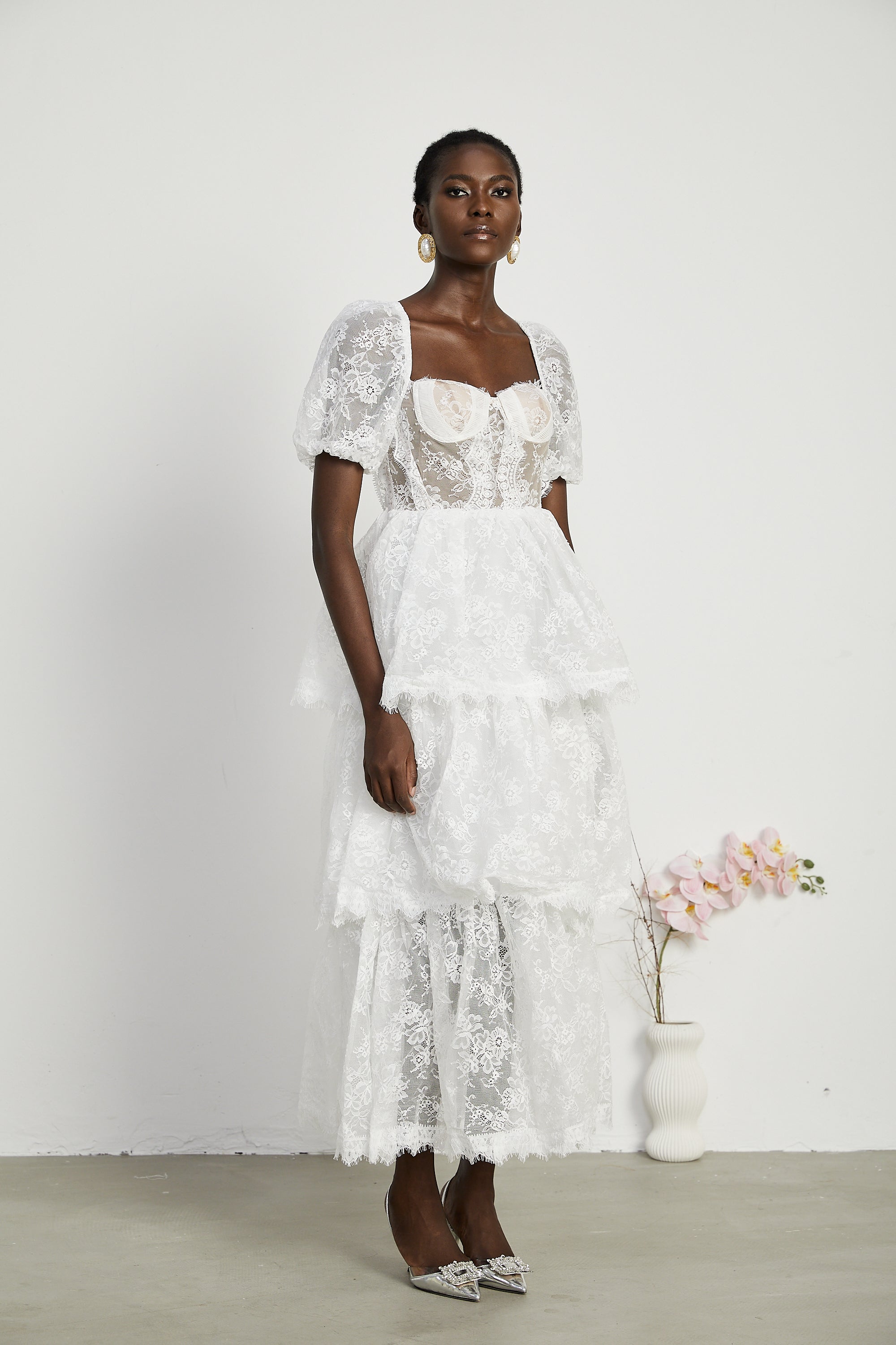 Mélisande white lace tiered midi dress