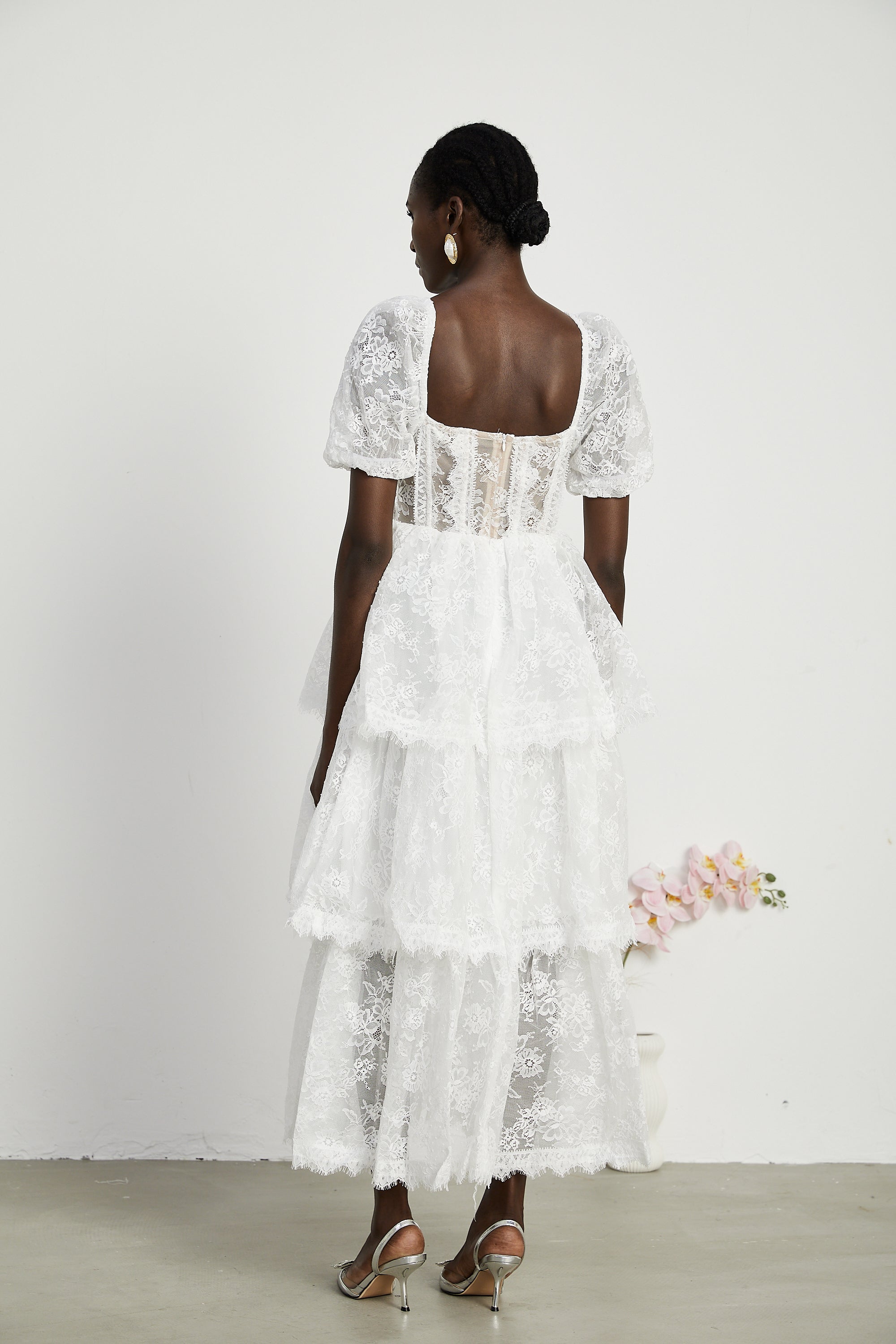 Mélisande white lace tiered midi dress