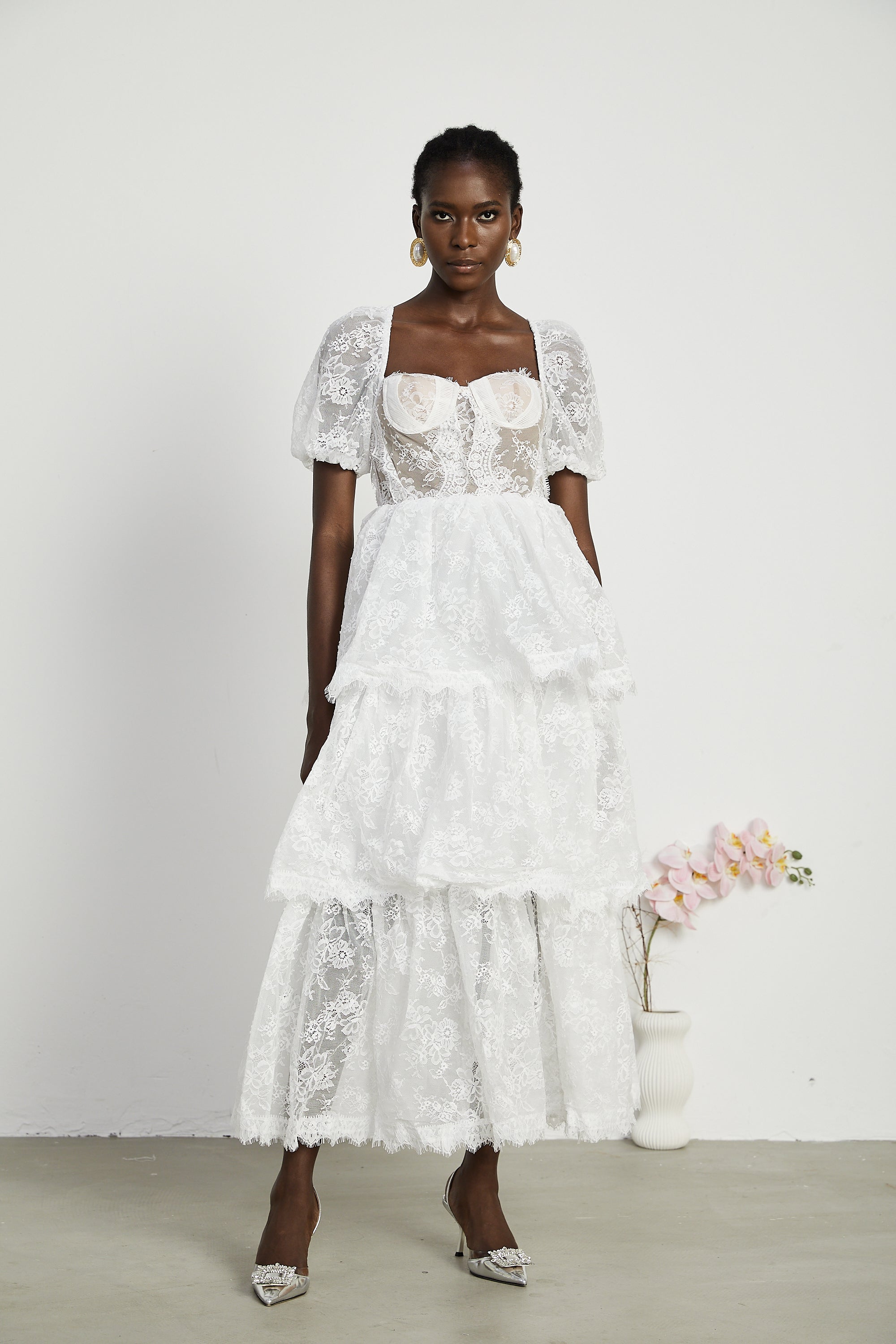 Mélisande white lace tiered midi dress