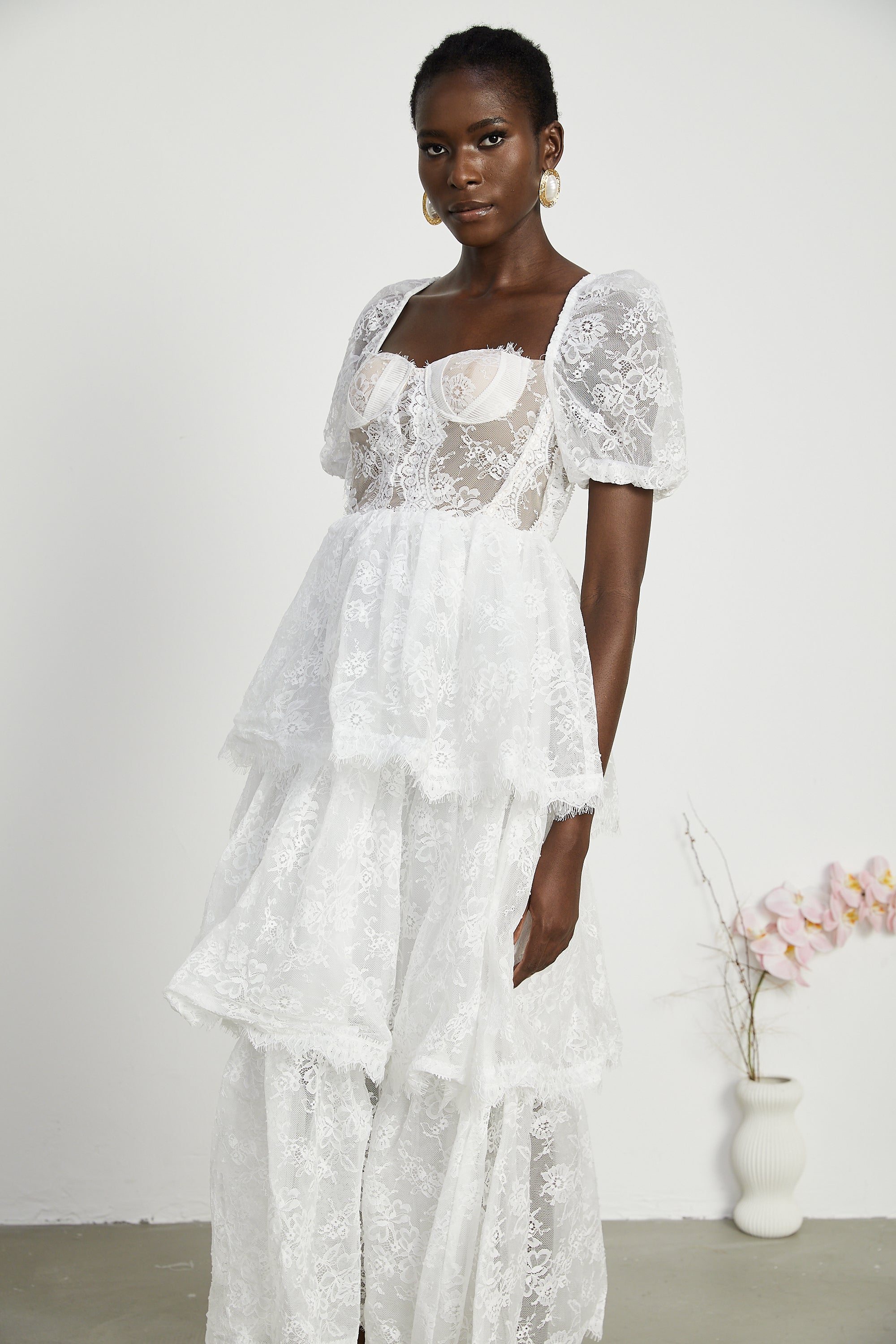 Mélisande white lace tiered midi dress