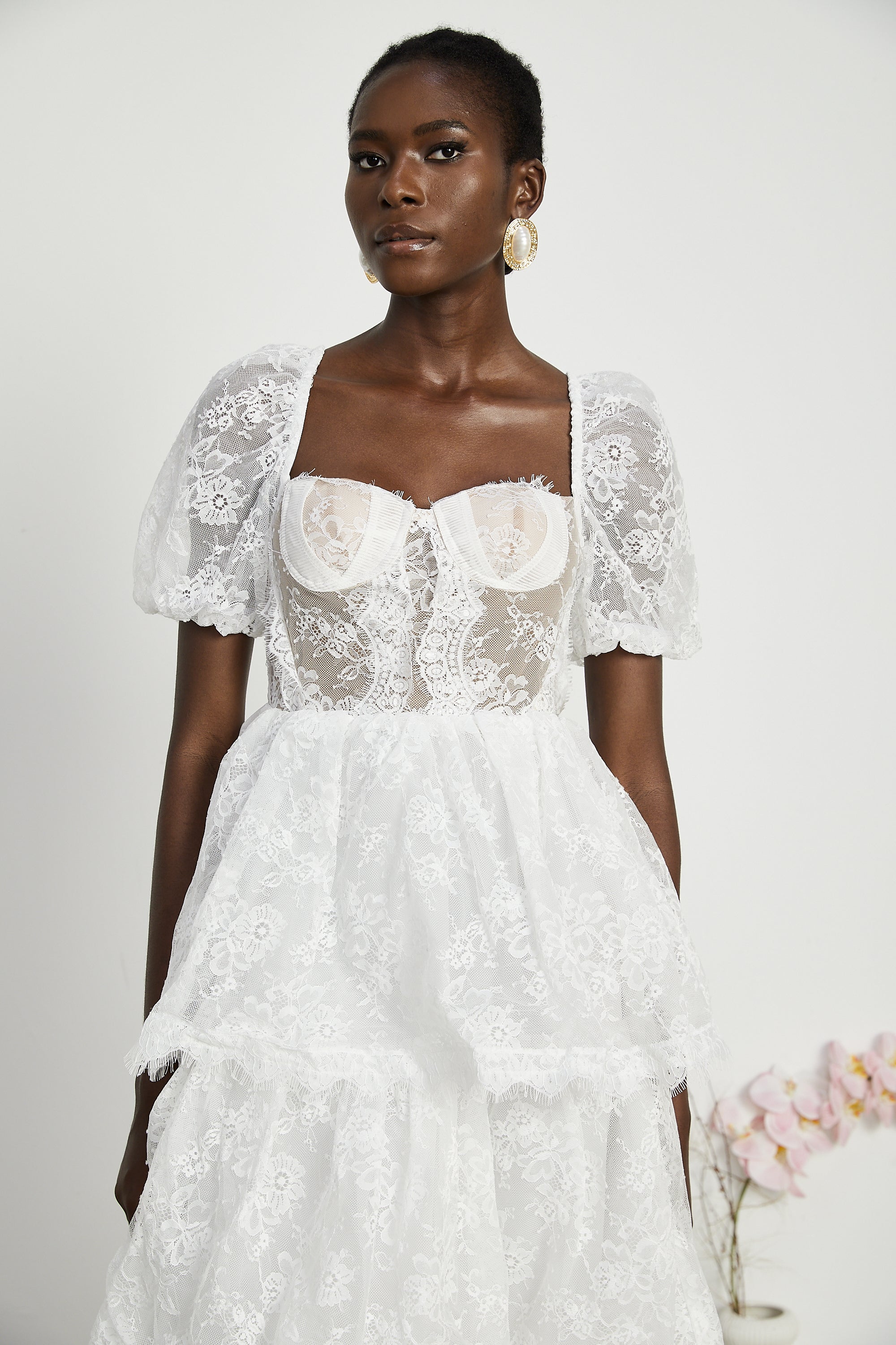 Mélisande white lace tiered midi dress