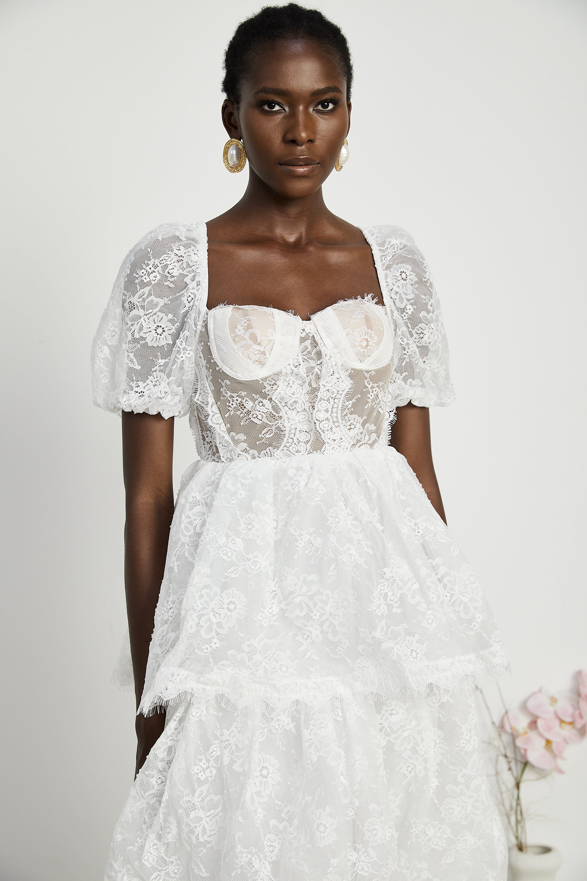 Mélisande white lace tiered midi dress