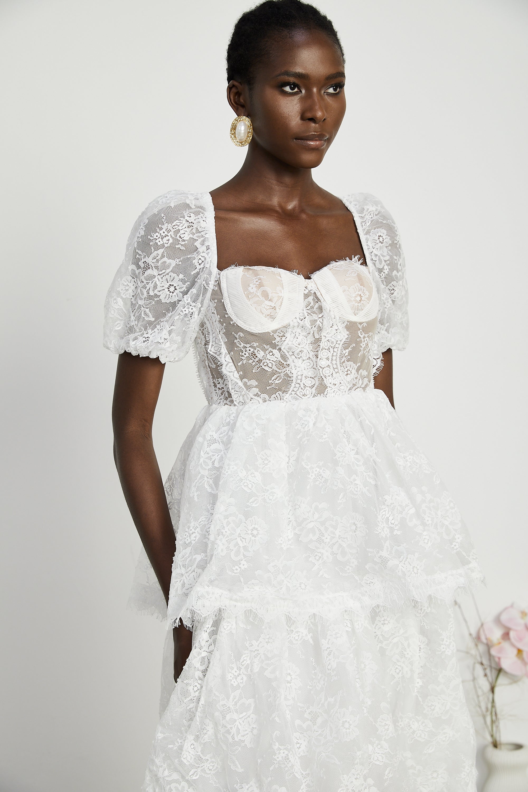 Mélisande white lace tiered midi dress