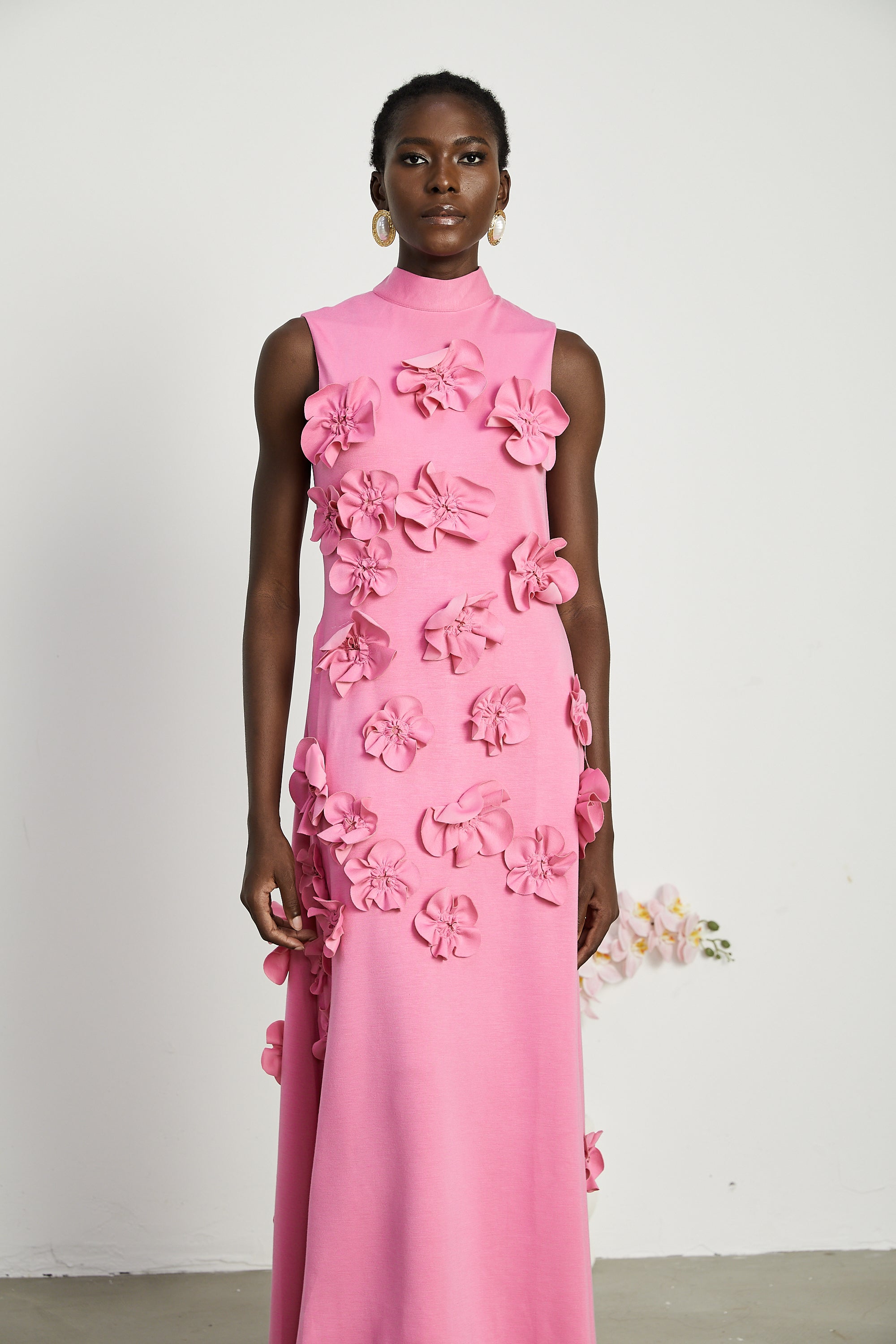 Magali bow-tie faux-flower embellished sleeveless maxi dress in Pink