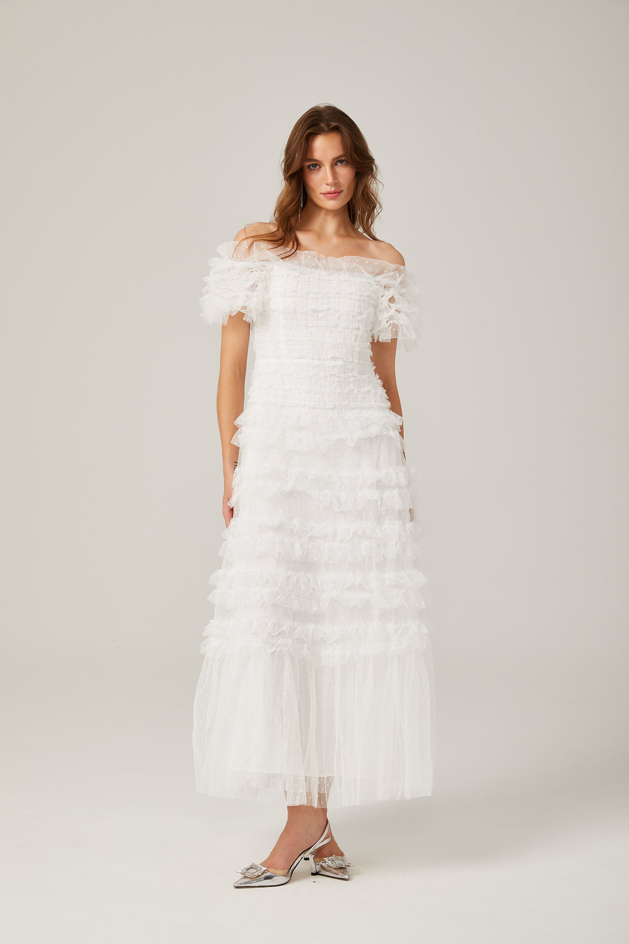 Philippine ruffled tulle tiered midi dress