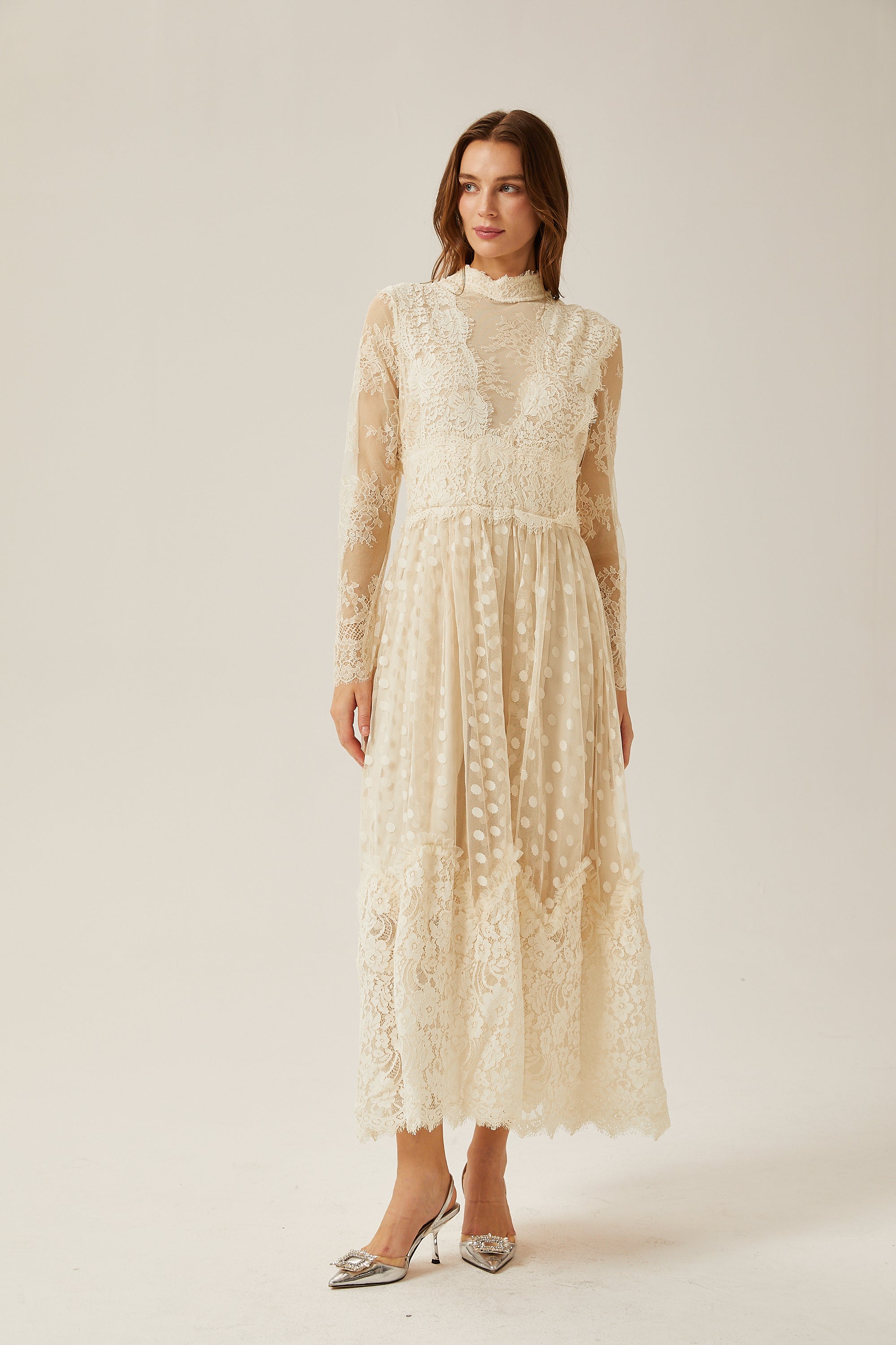 Éliane polka-dot lace-embroidered midi dress