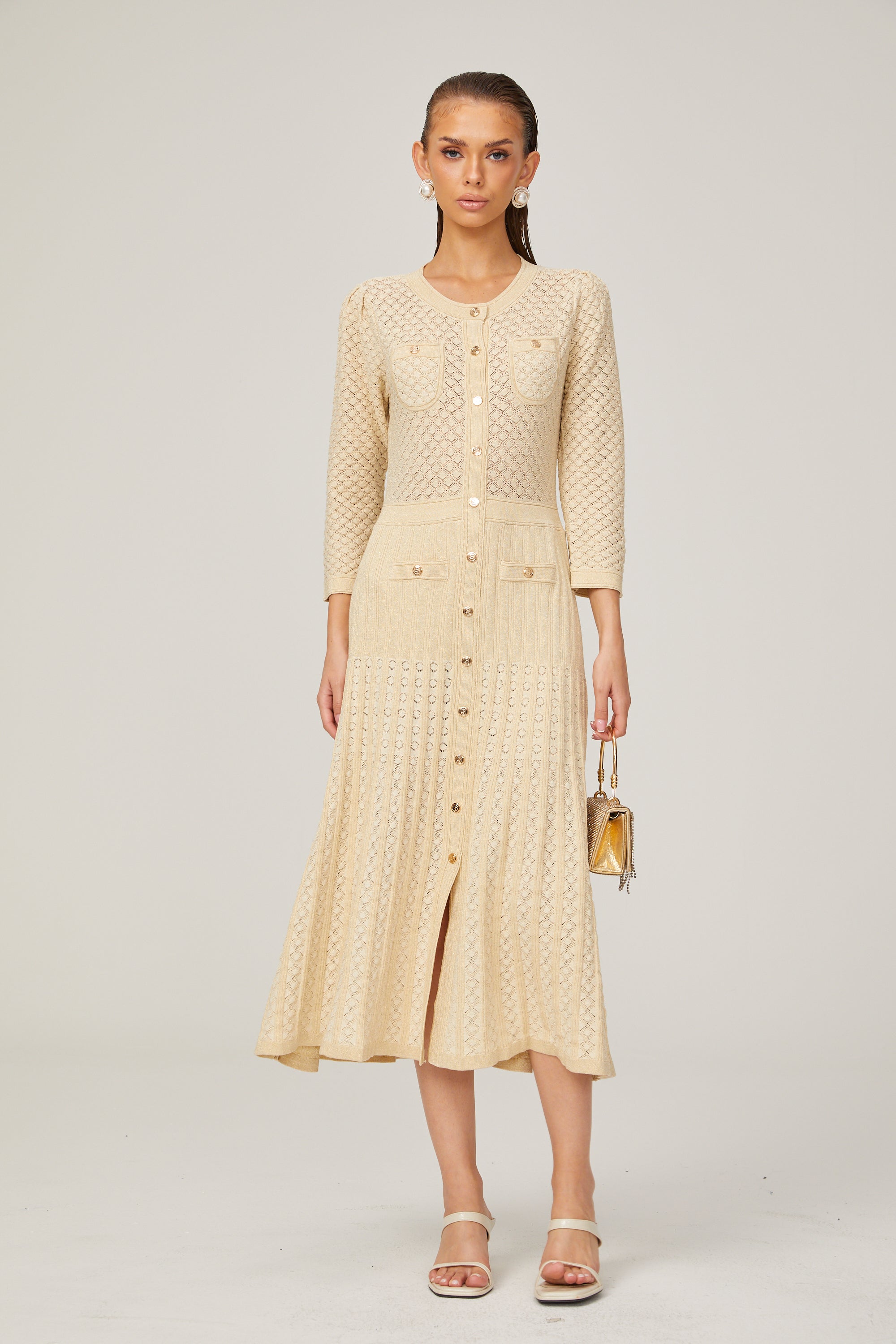 Élodie knitted long-sleeve midi dress in Neutrals