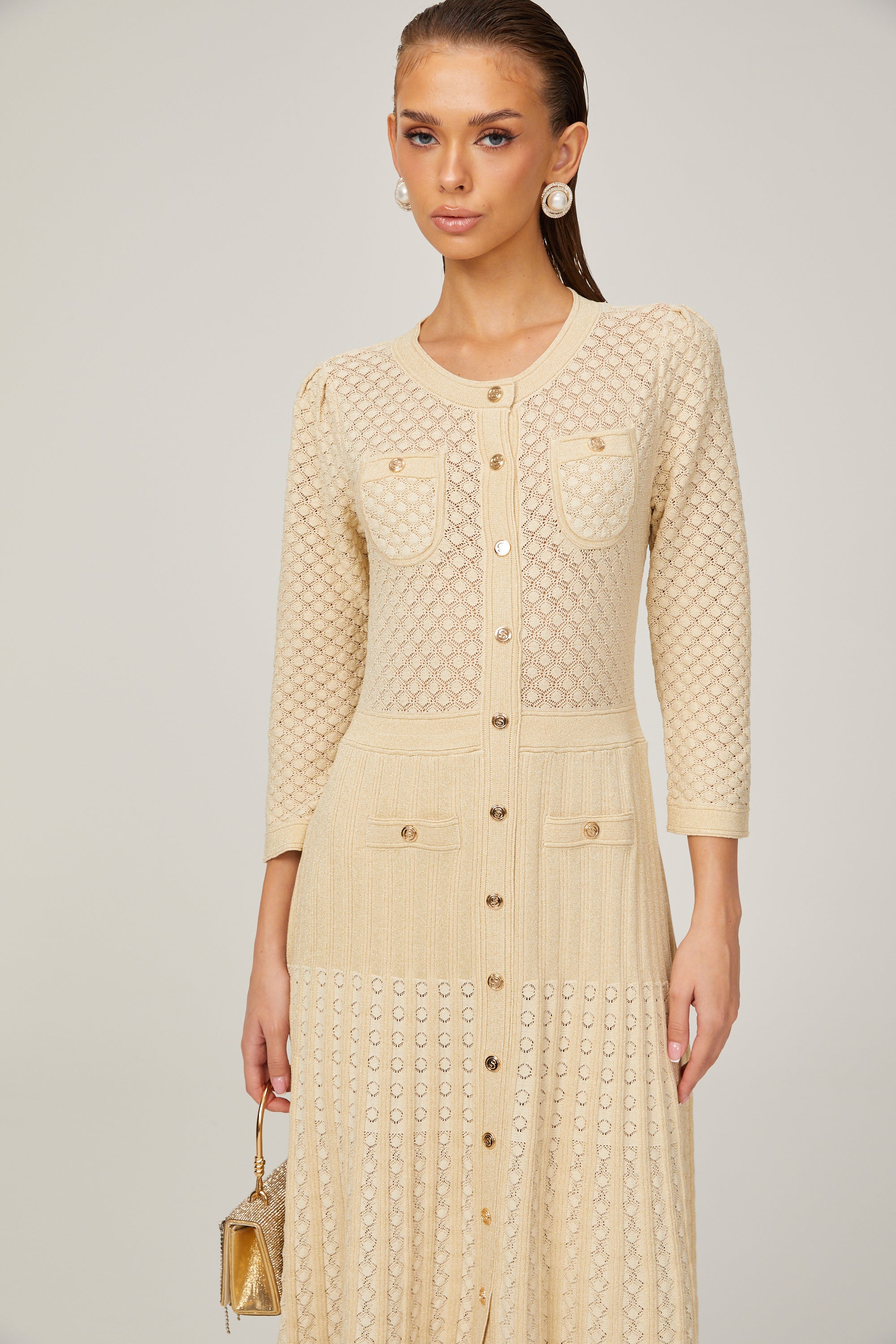 Élodie knitted long-sleeve midi dress in Neutrals