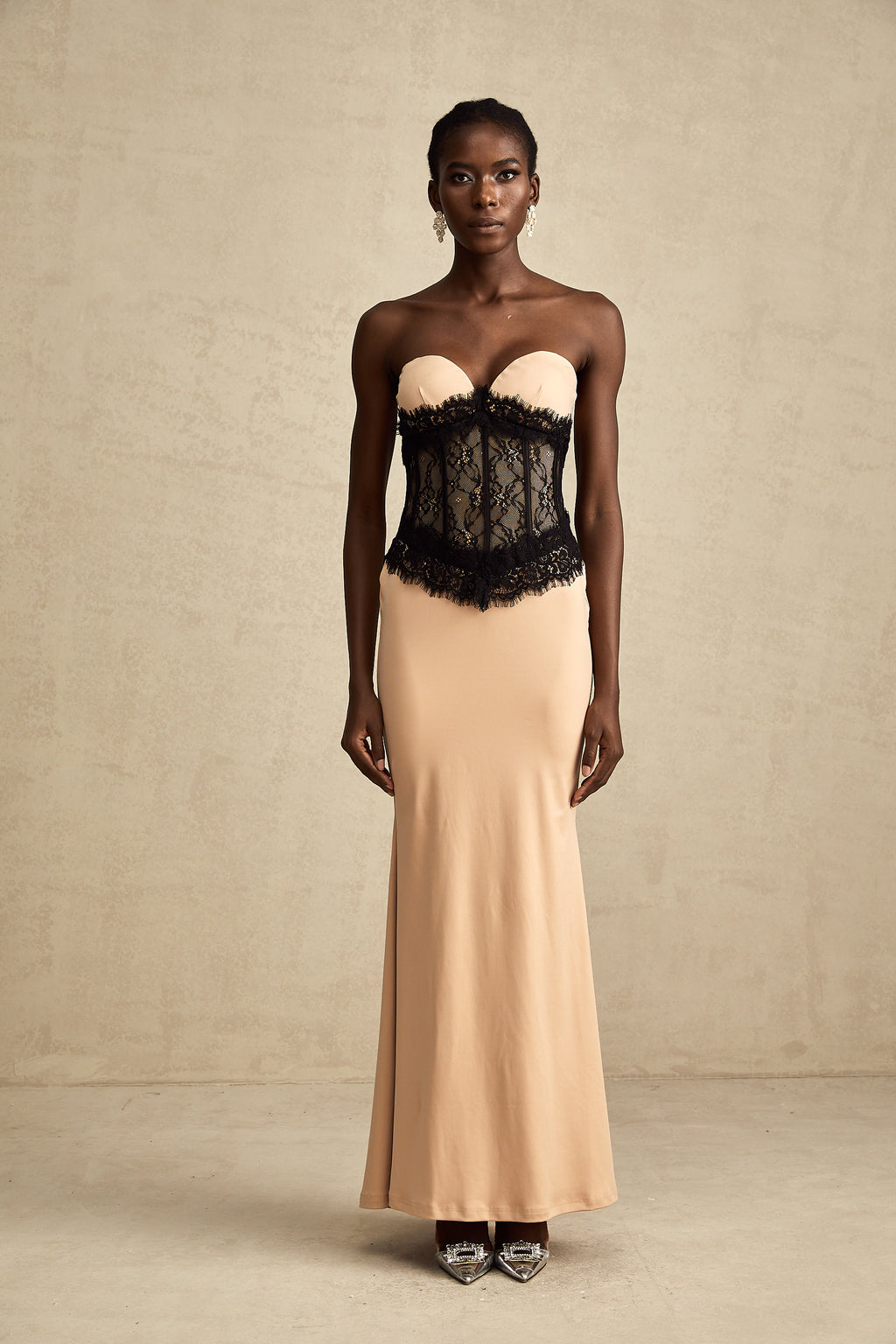 Elegant Off the Should Diamond Corset Top Maxi Dress Terracotta