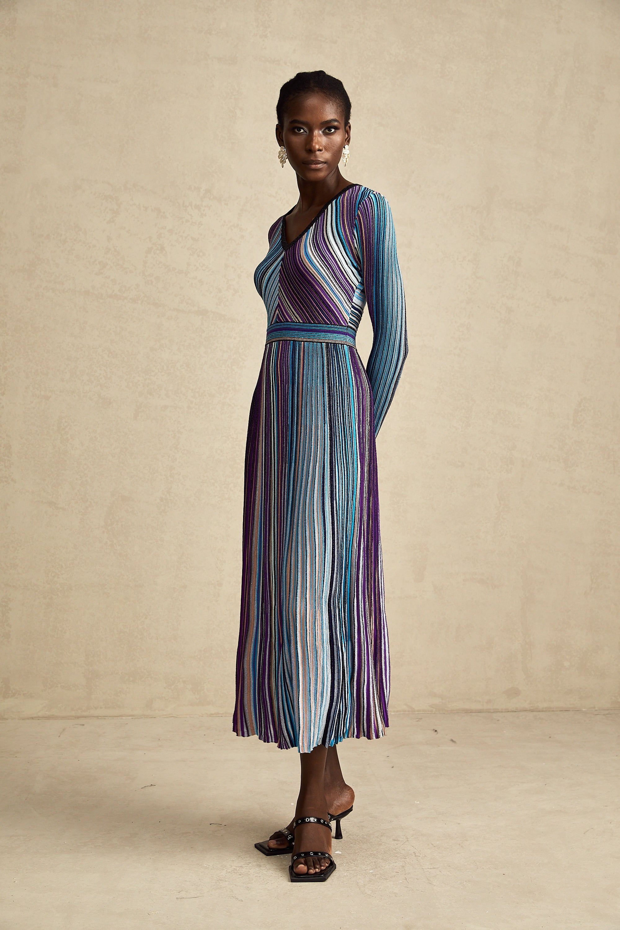 Mathilde metallic pleated midi dress in Blue