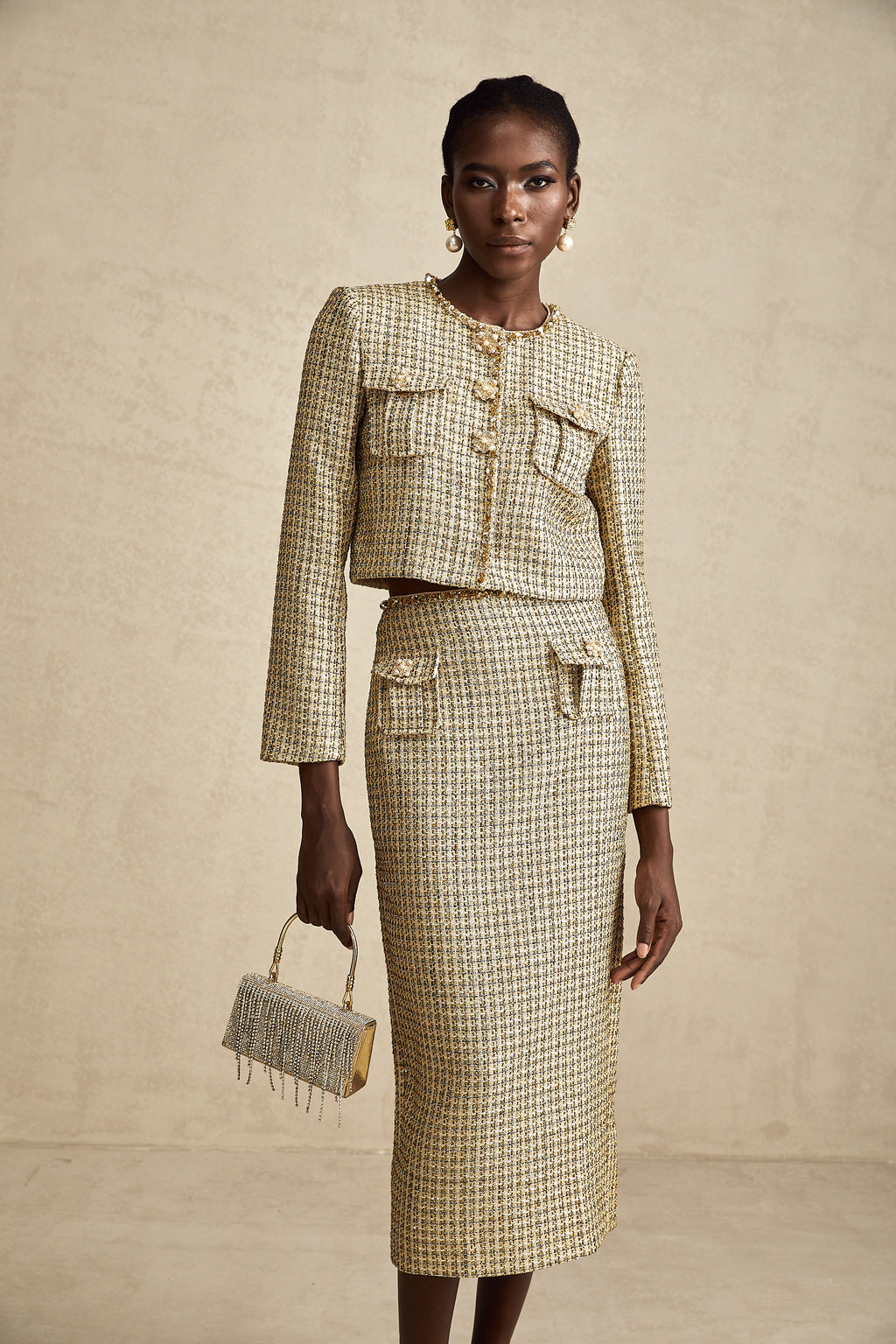 Acetate Blend Tweed Sequins Crop Jacket And Mesh Skirt Two-Piece Set main image 1