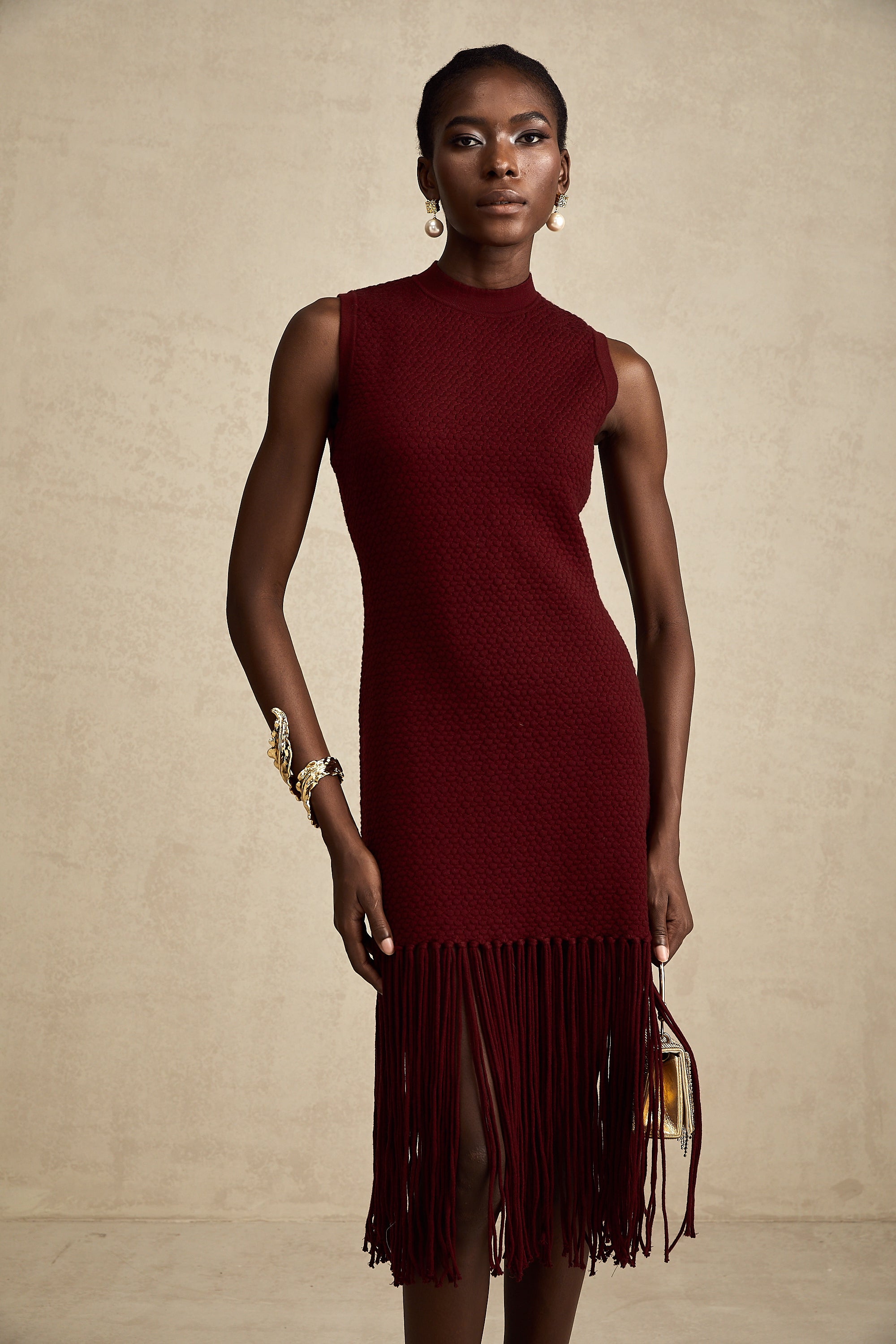 Céline red fringe-detail knitted midi dress