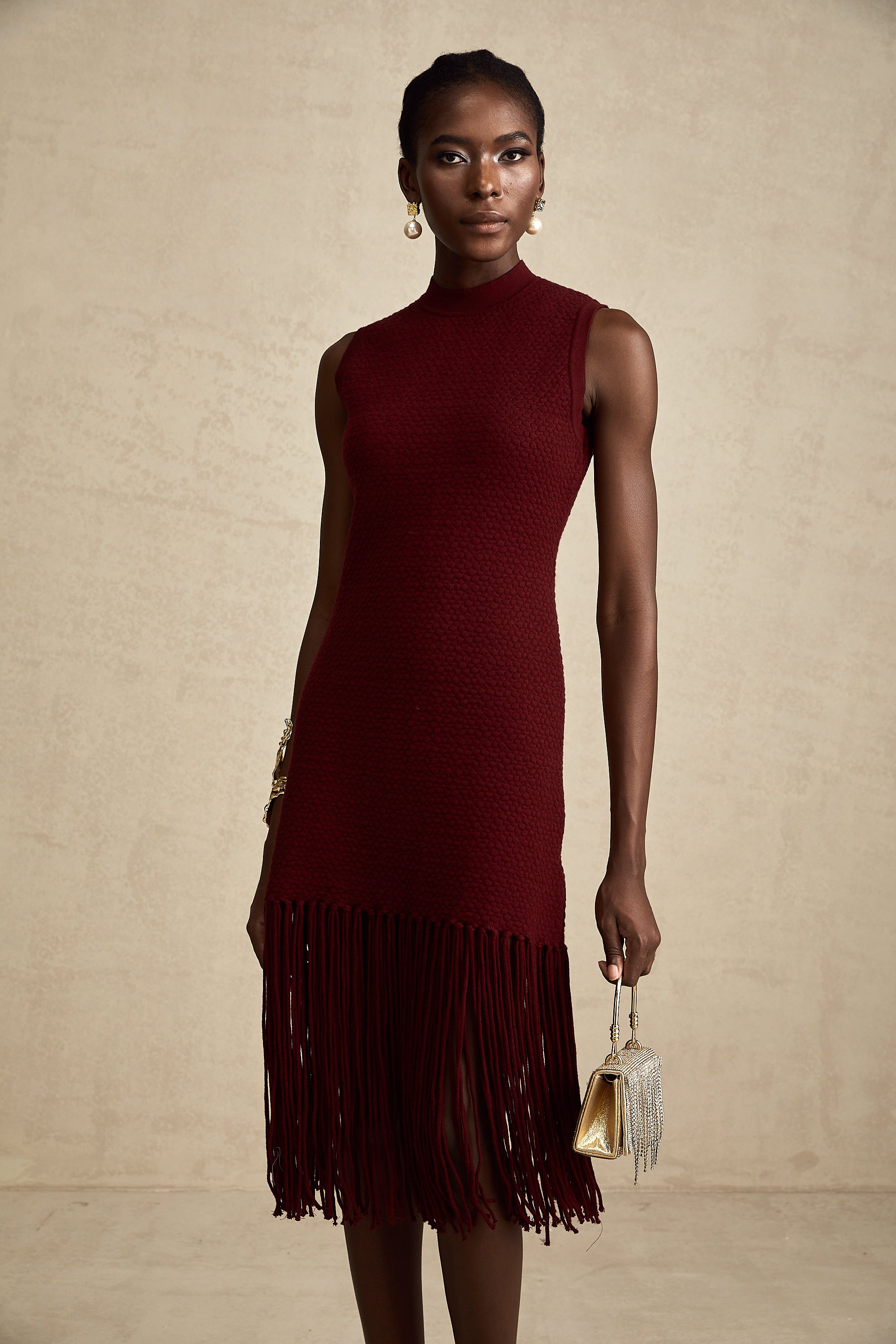 Céline red fringe-detail knitted midi dress