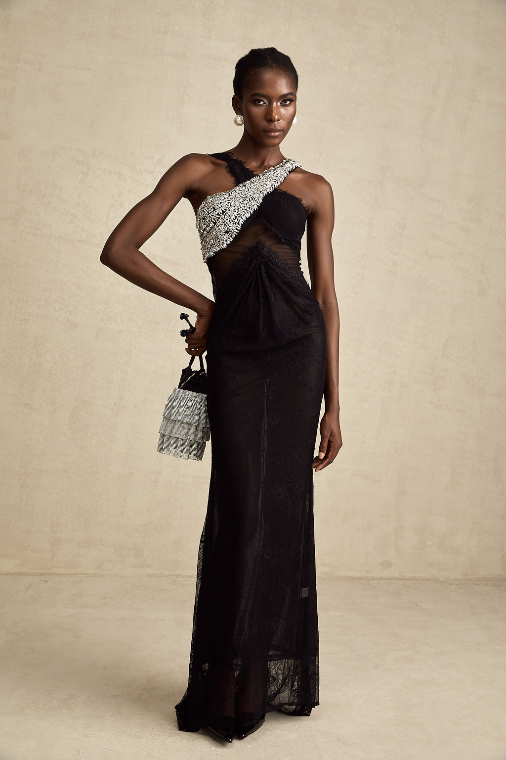 Irène black crossover crystal-embellished maxi dress