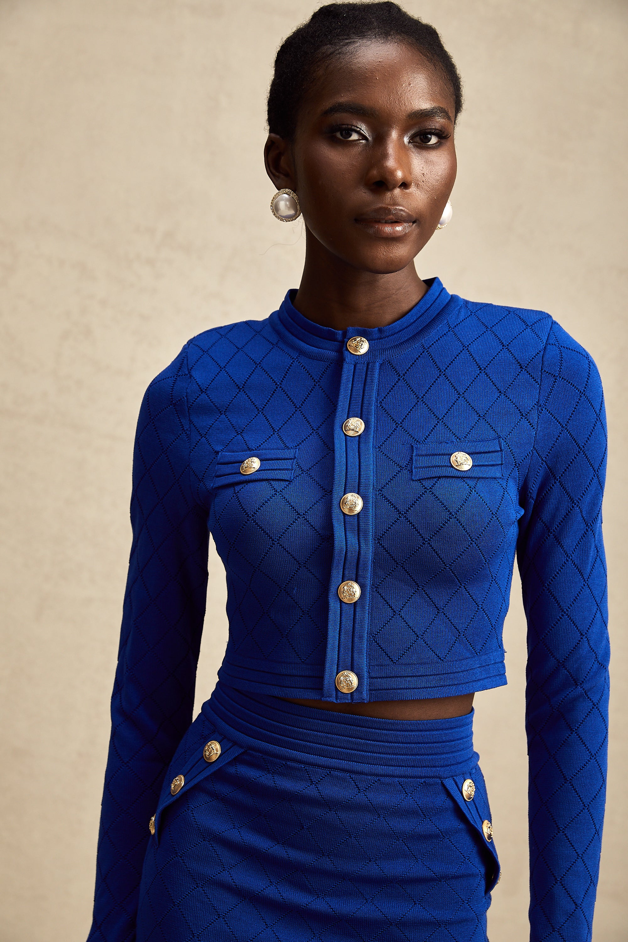 Maëlys blue button-detail knitted top & skirt matching set (Final Sale)
